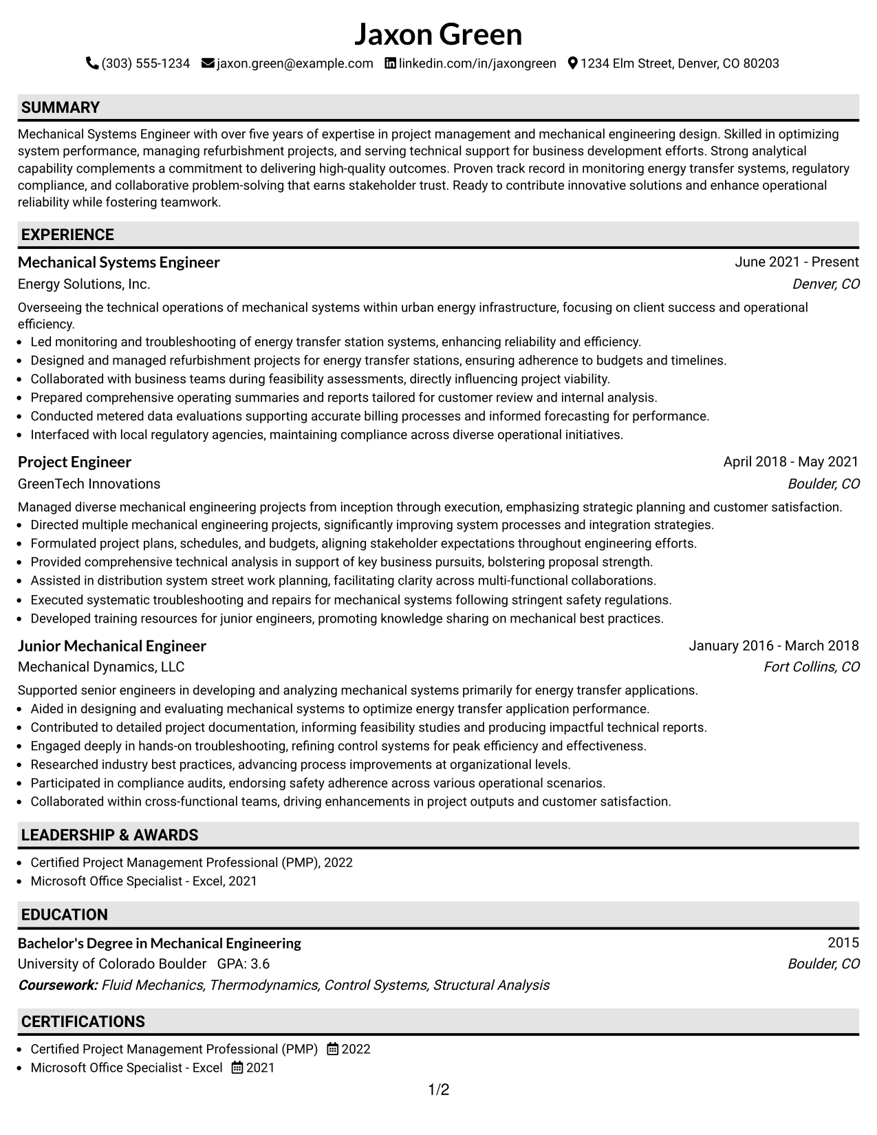 Resume Example Page 1