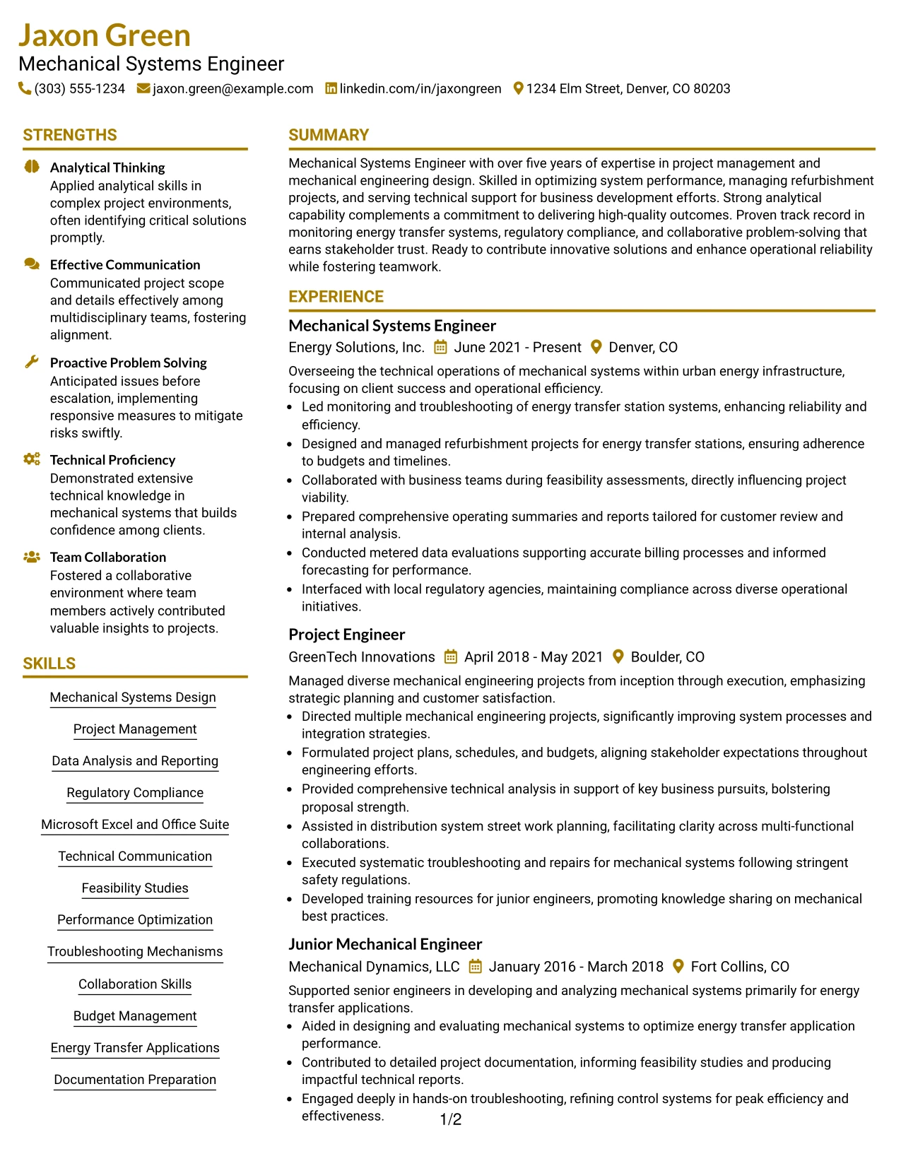 Resume Example Page 1