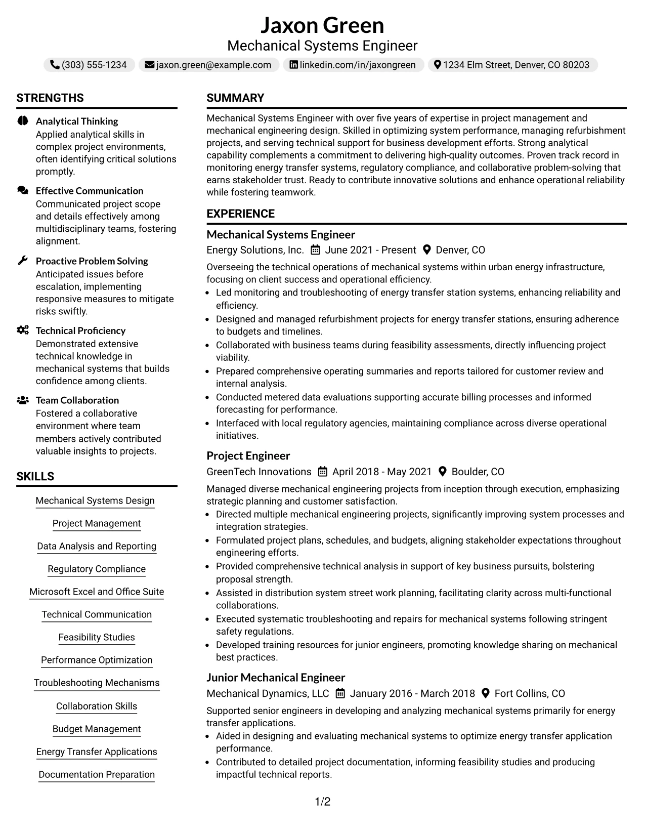 Resume Example Page 1