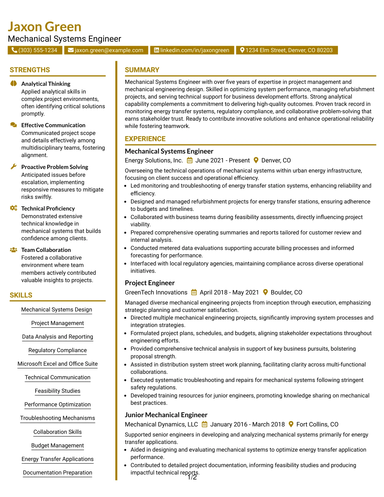 Resume Example Page 1
