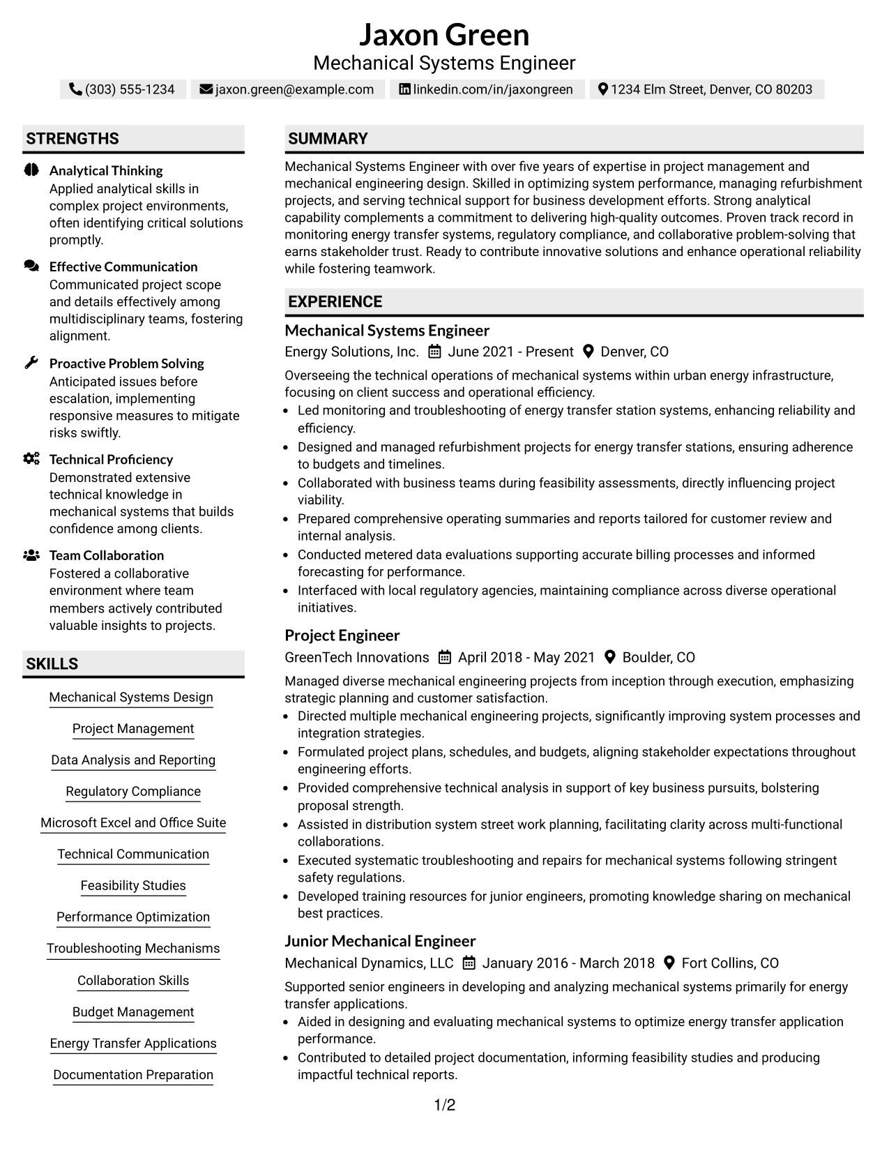 Resume Example Page 1