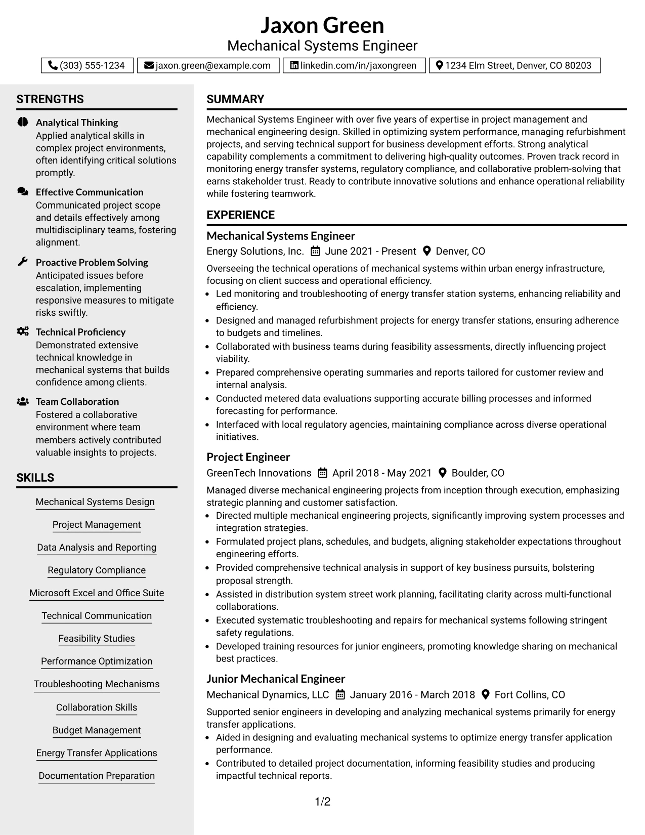 Resume Example Page 1