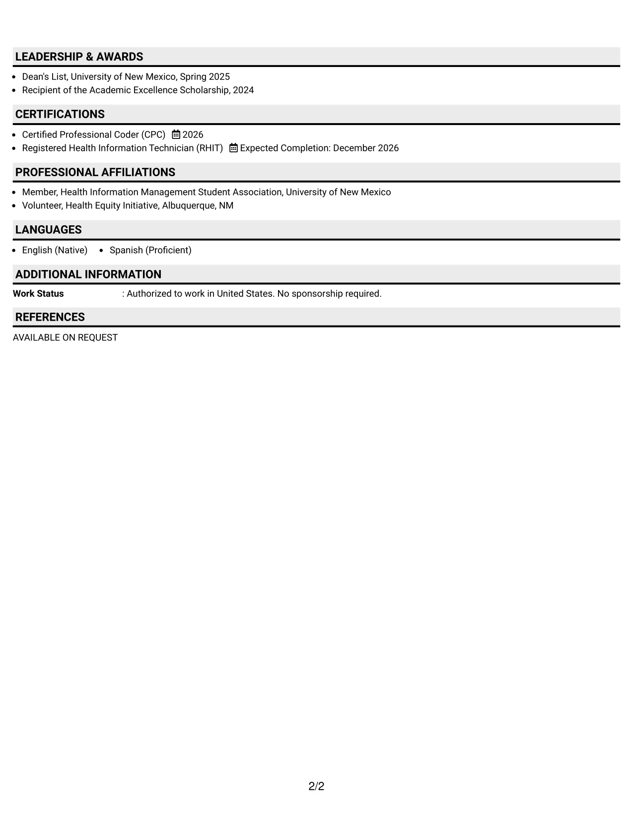 Resume Example Page 2