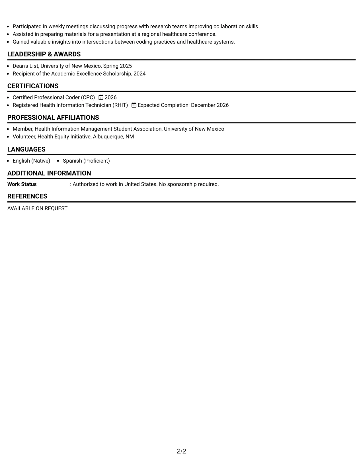 Resume Example Page 2