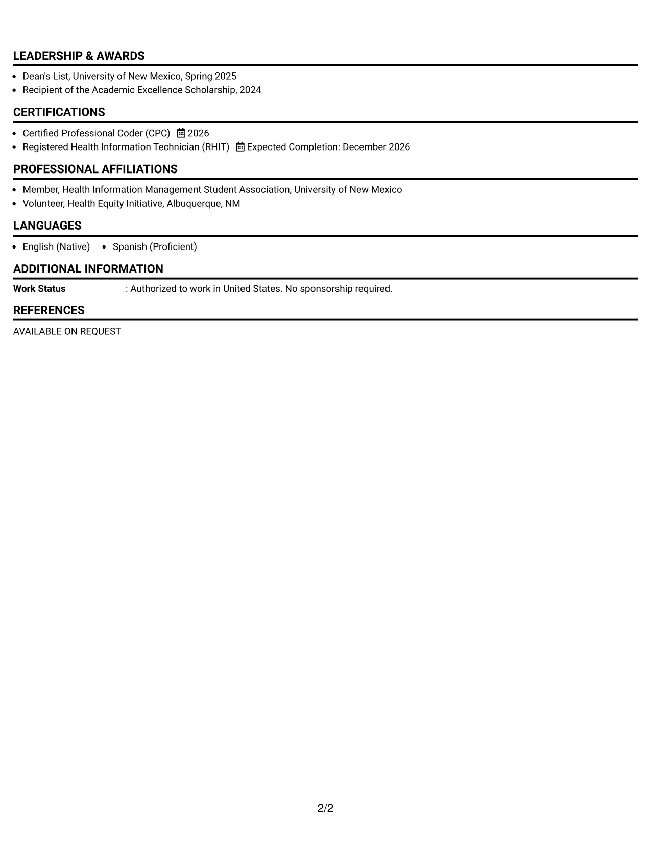 Resume Example Page 2