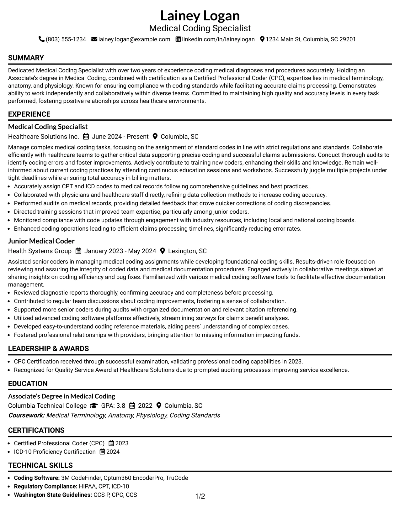 Resume Example Page 1
