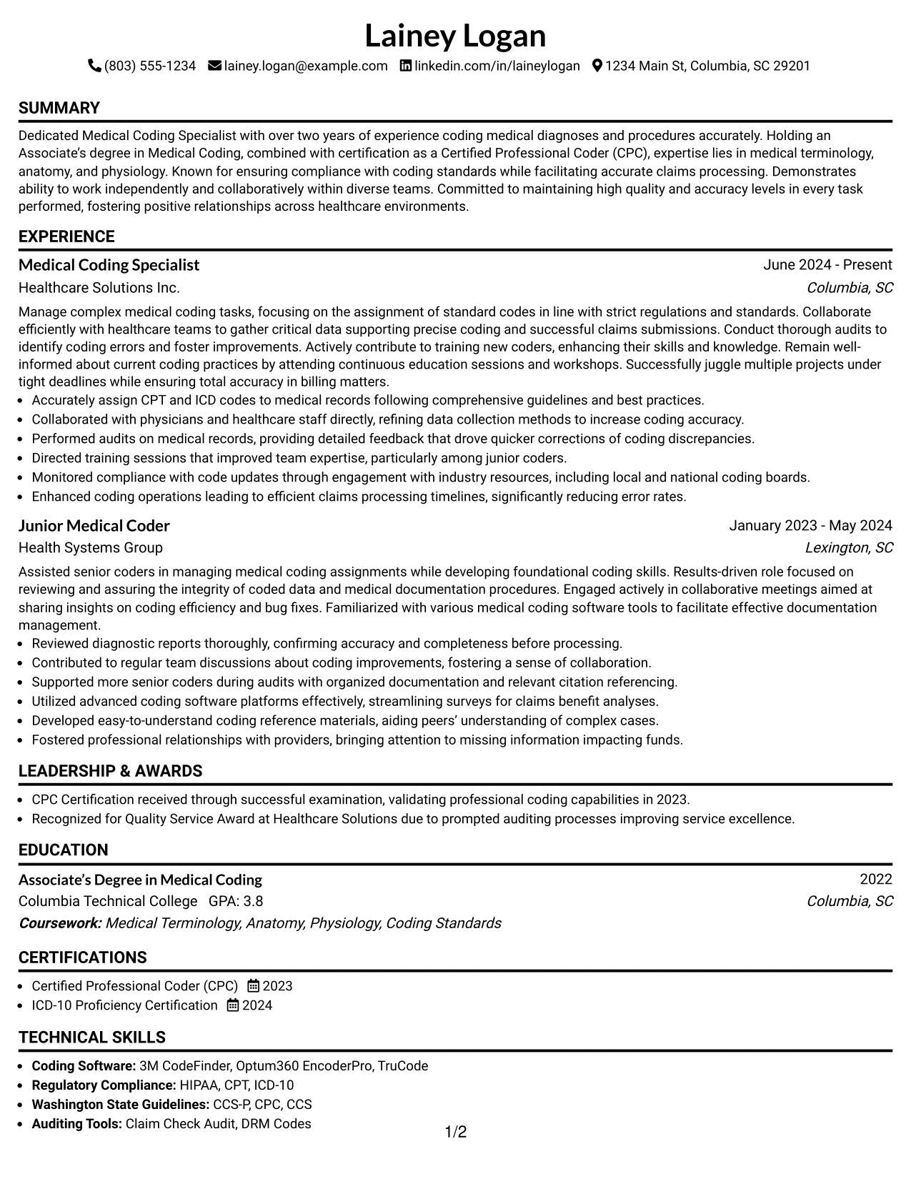 Resume Example Page 1