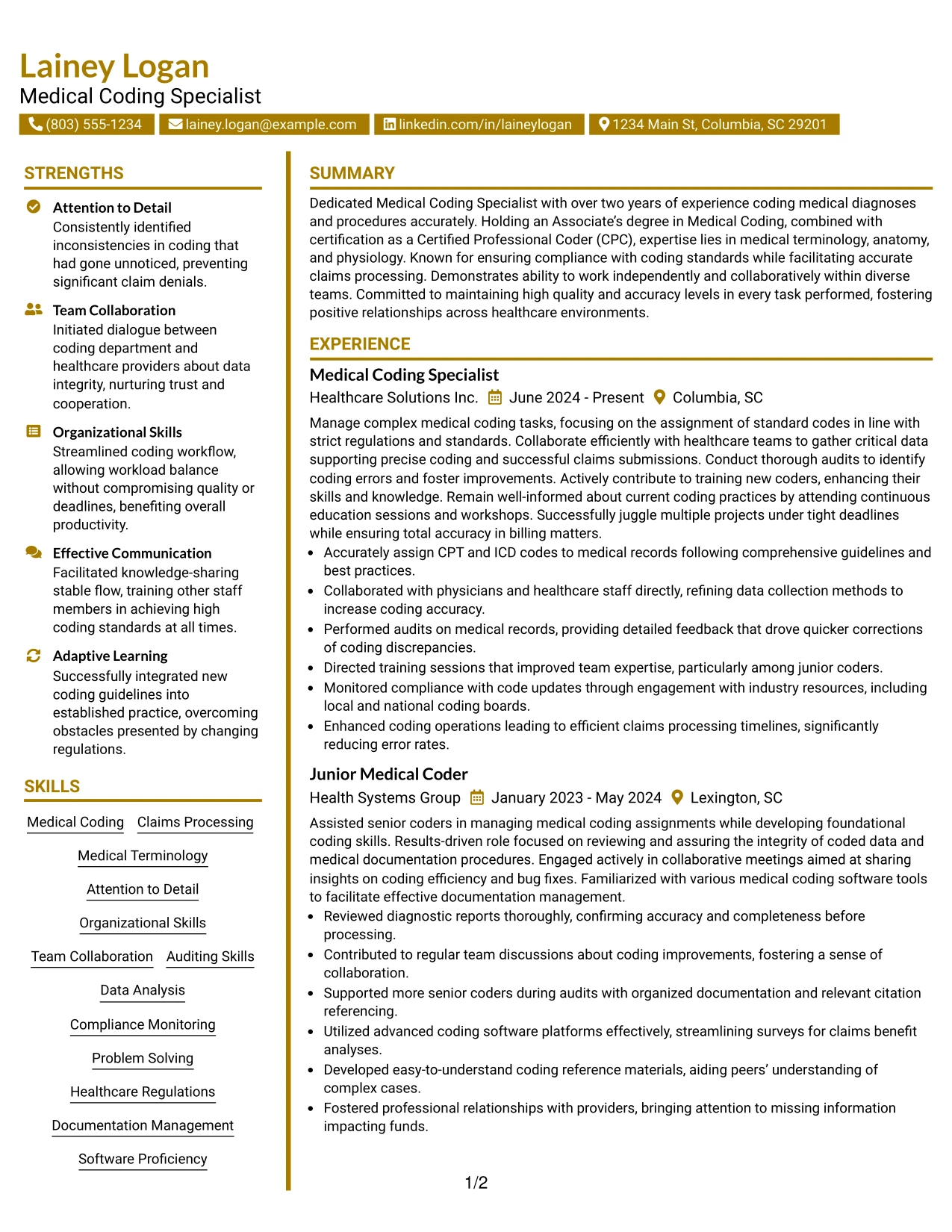 Resume Example Page 1