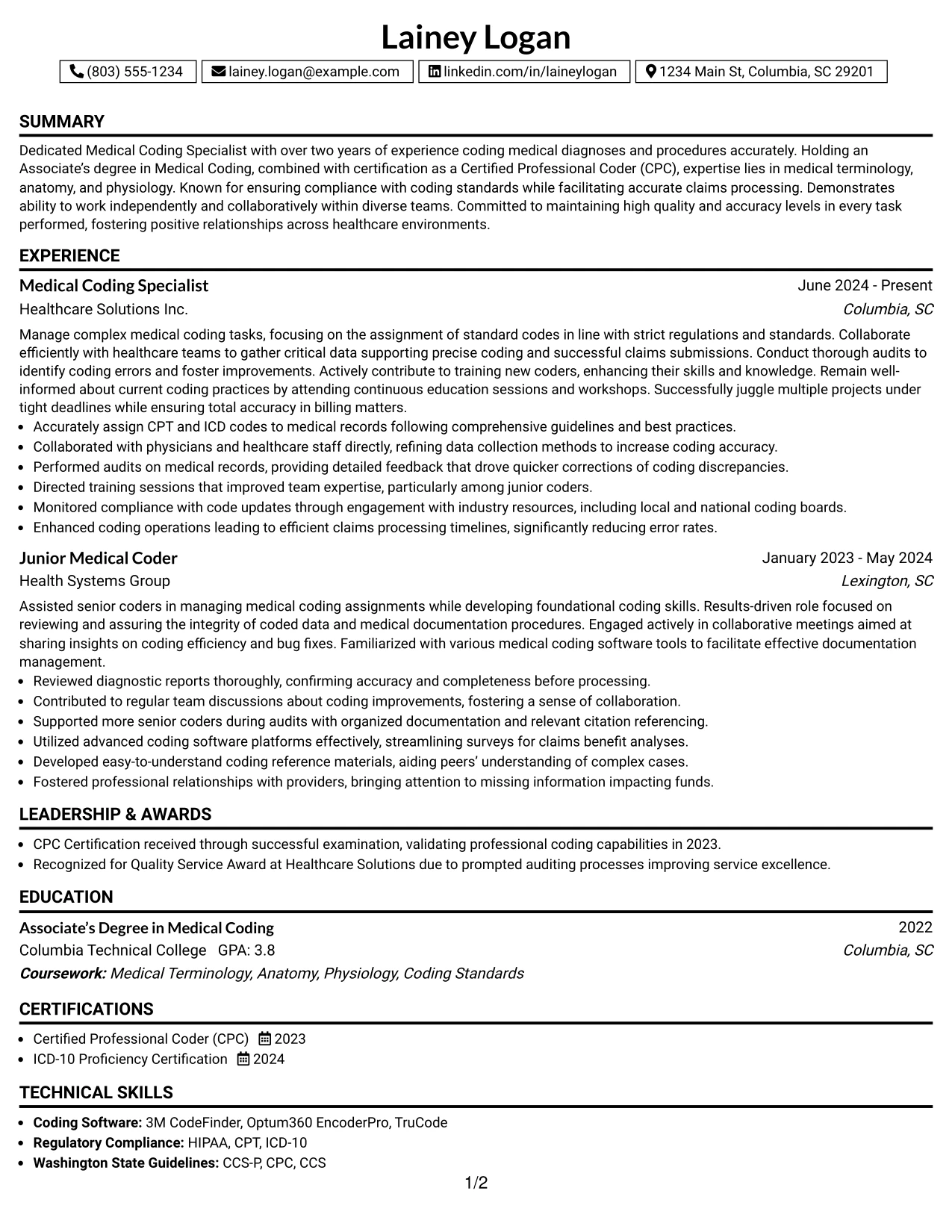 Resume Example Page 1