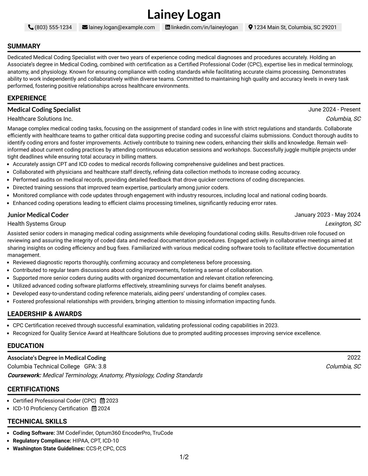Resume Example Page 1