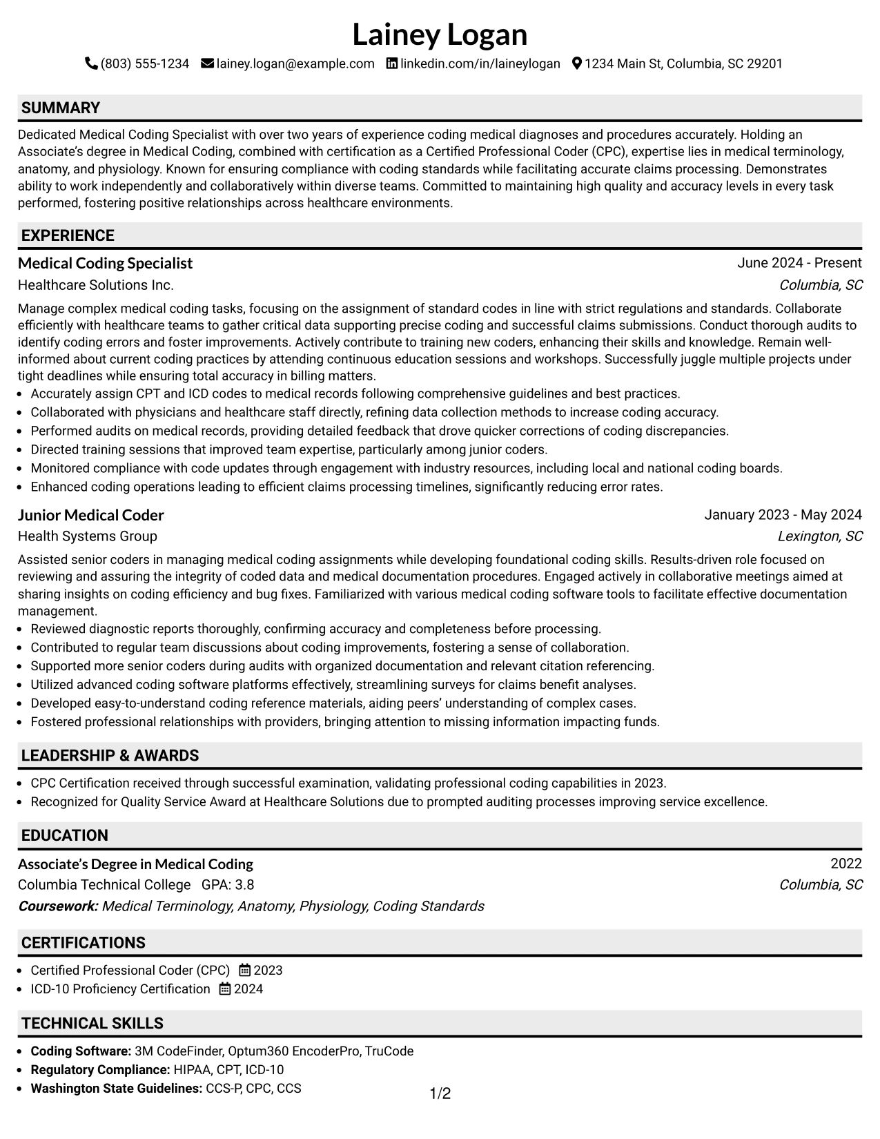 Resume Example Page 1