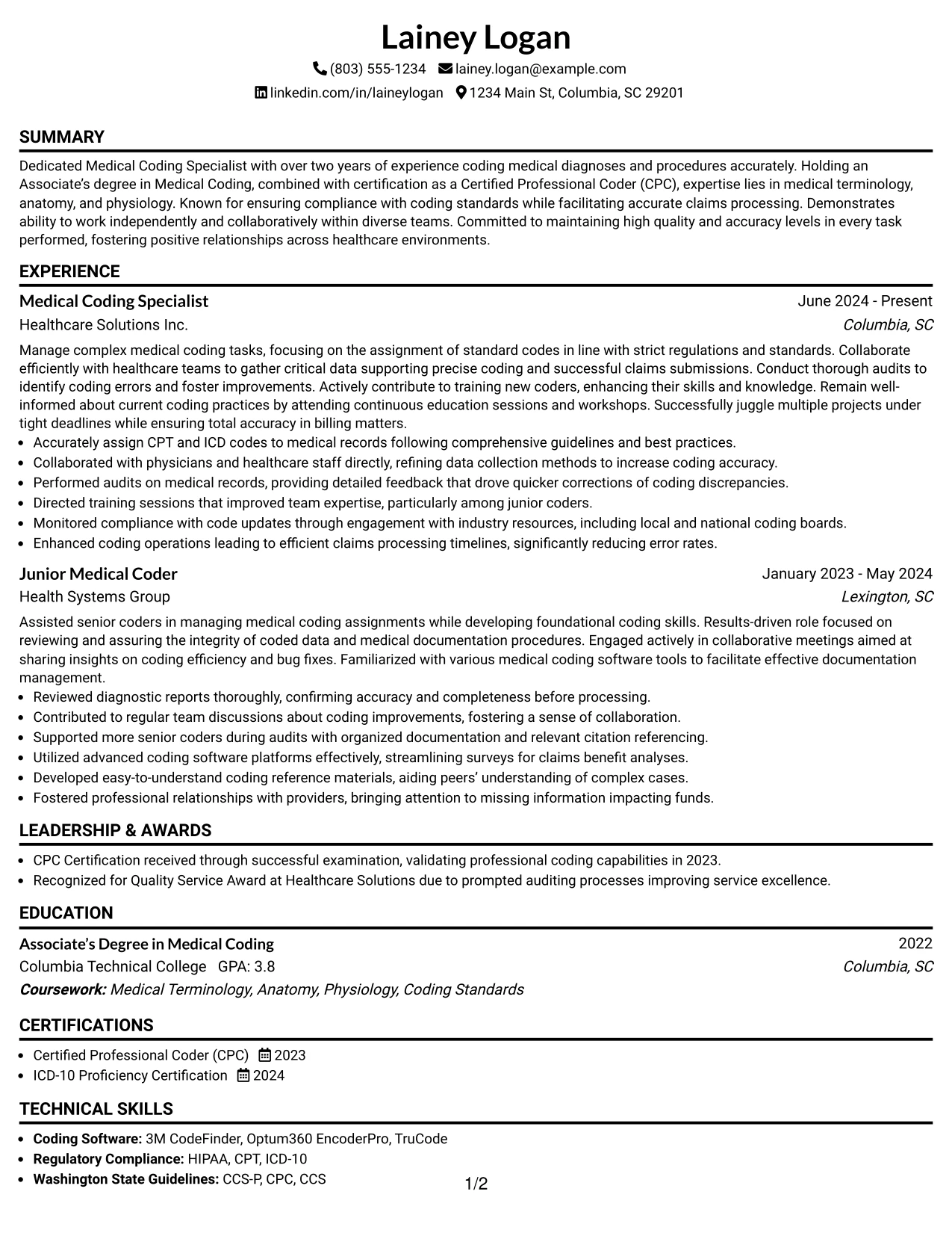 Resume Example Page 1