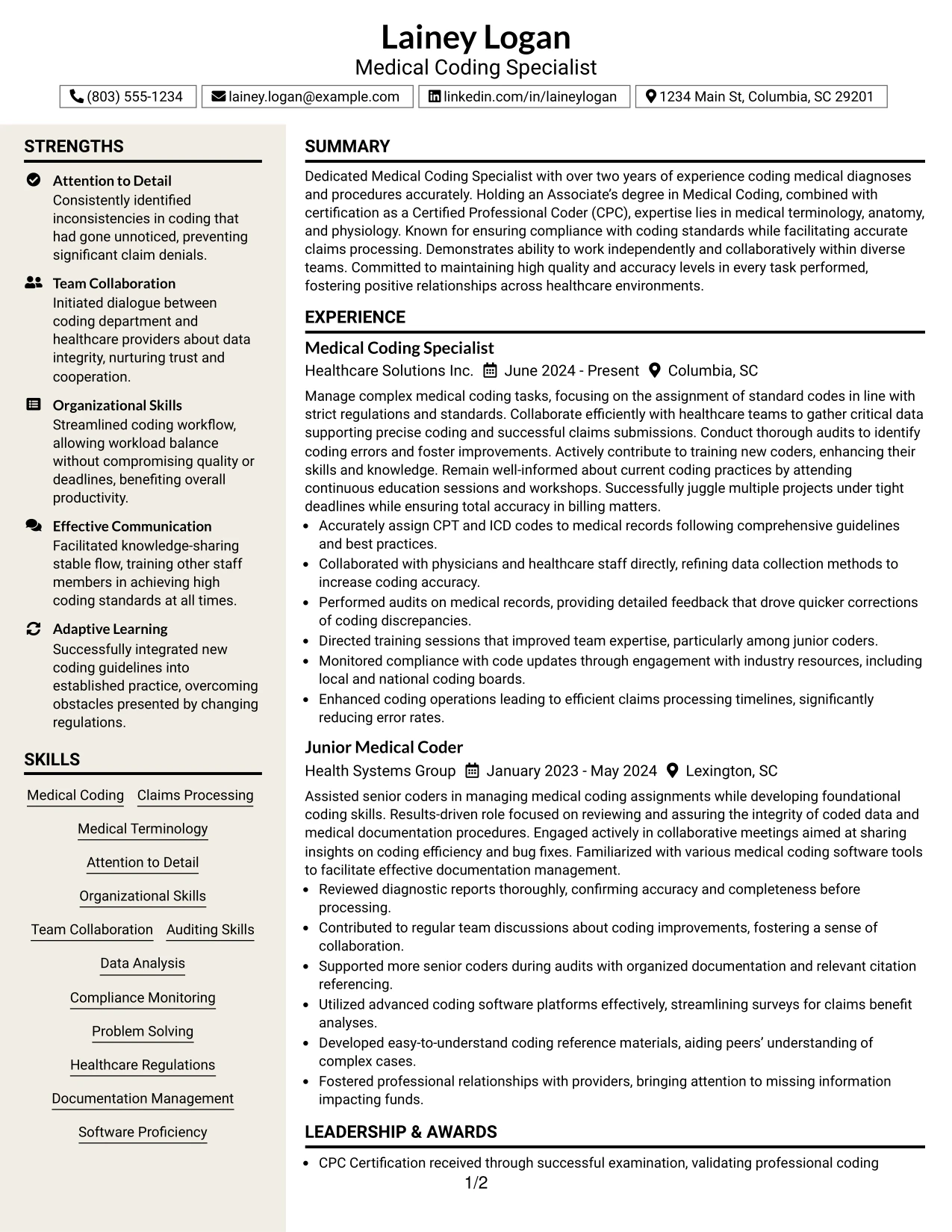 Resume Example Page 1