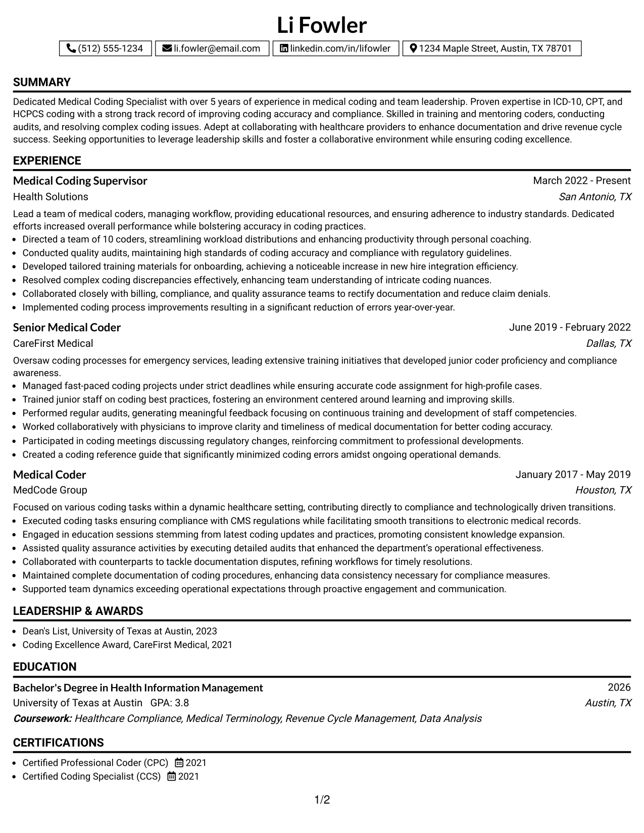Resume Example Page 1