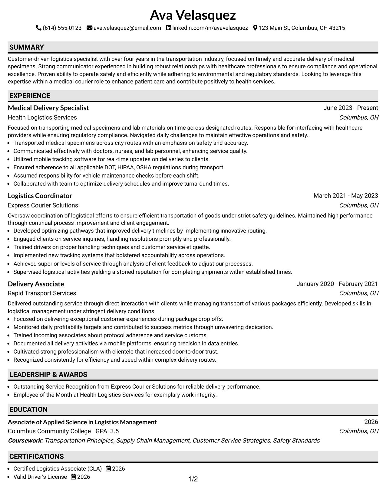 Resume Example Page 1