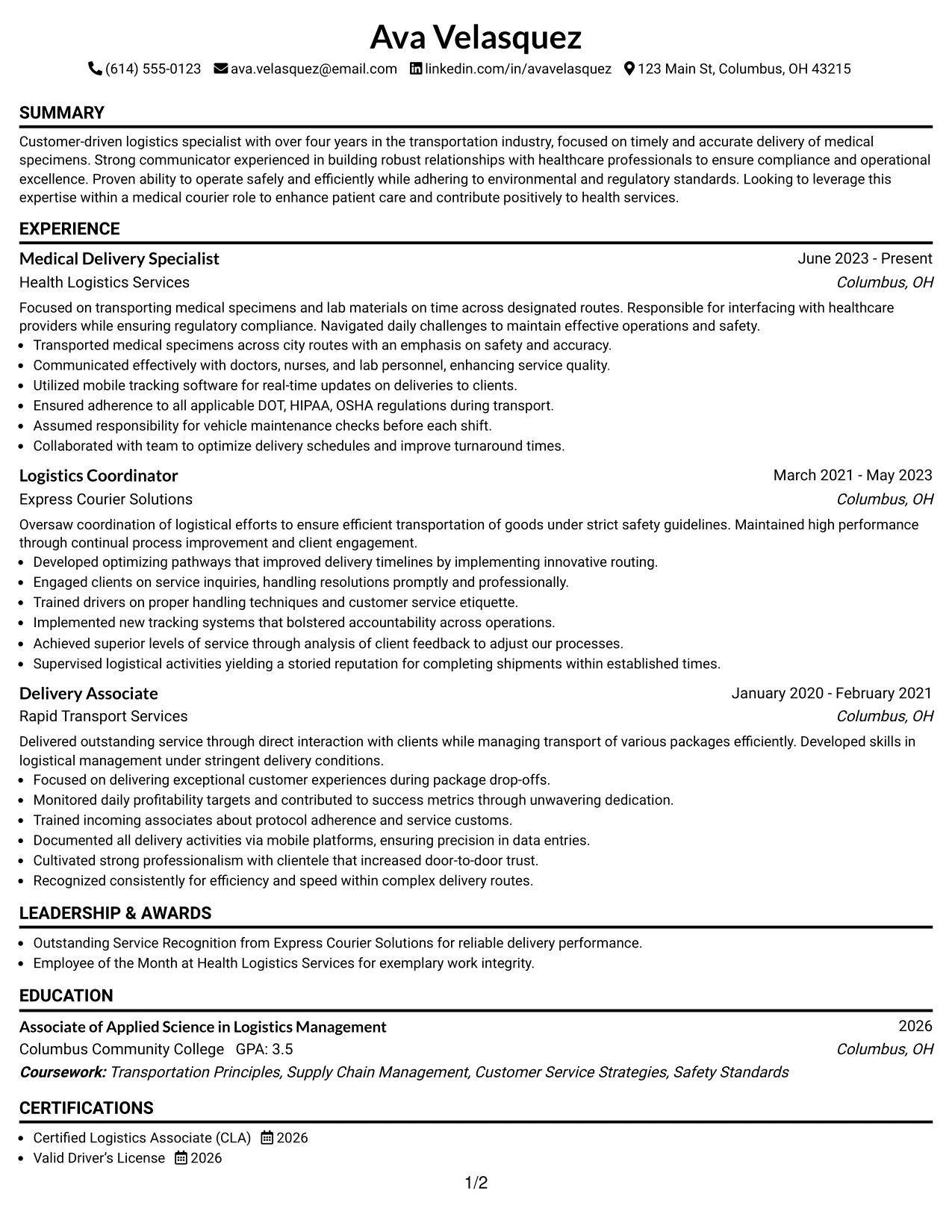 Resume Example Page 1