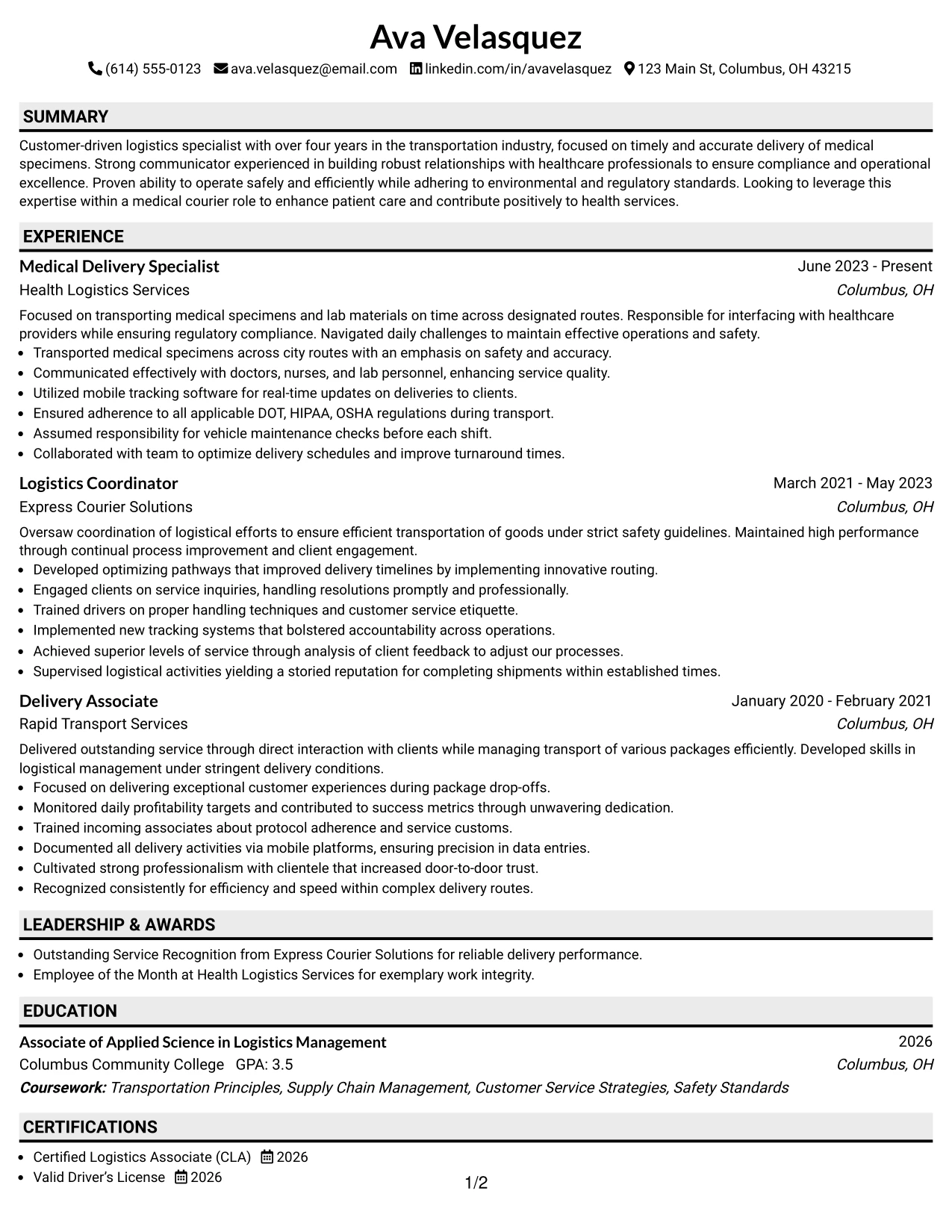 Resume Example Page 1