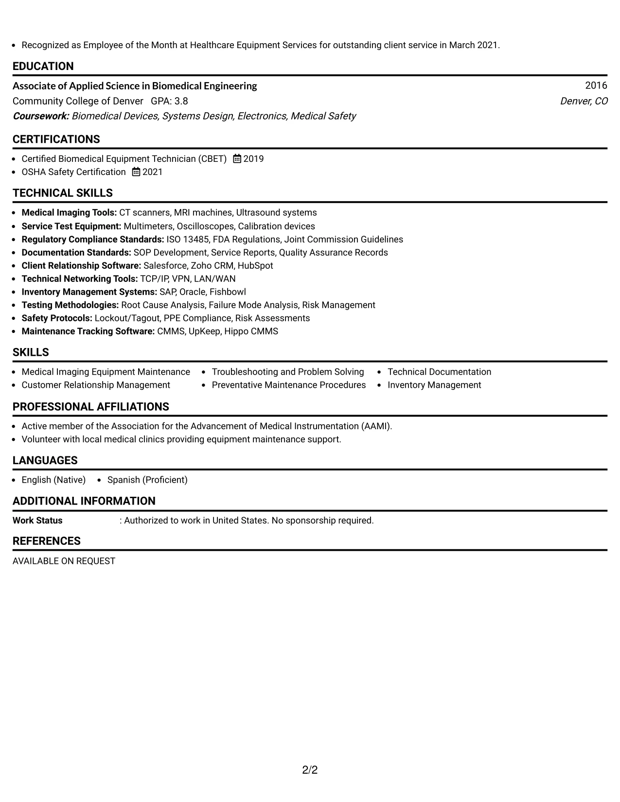 Resume Example Page 2