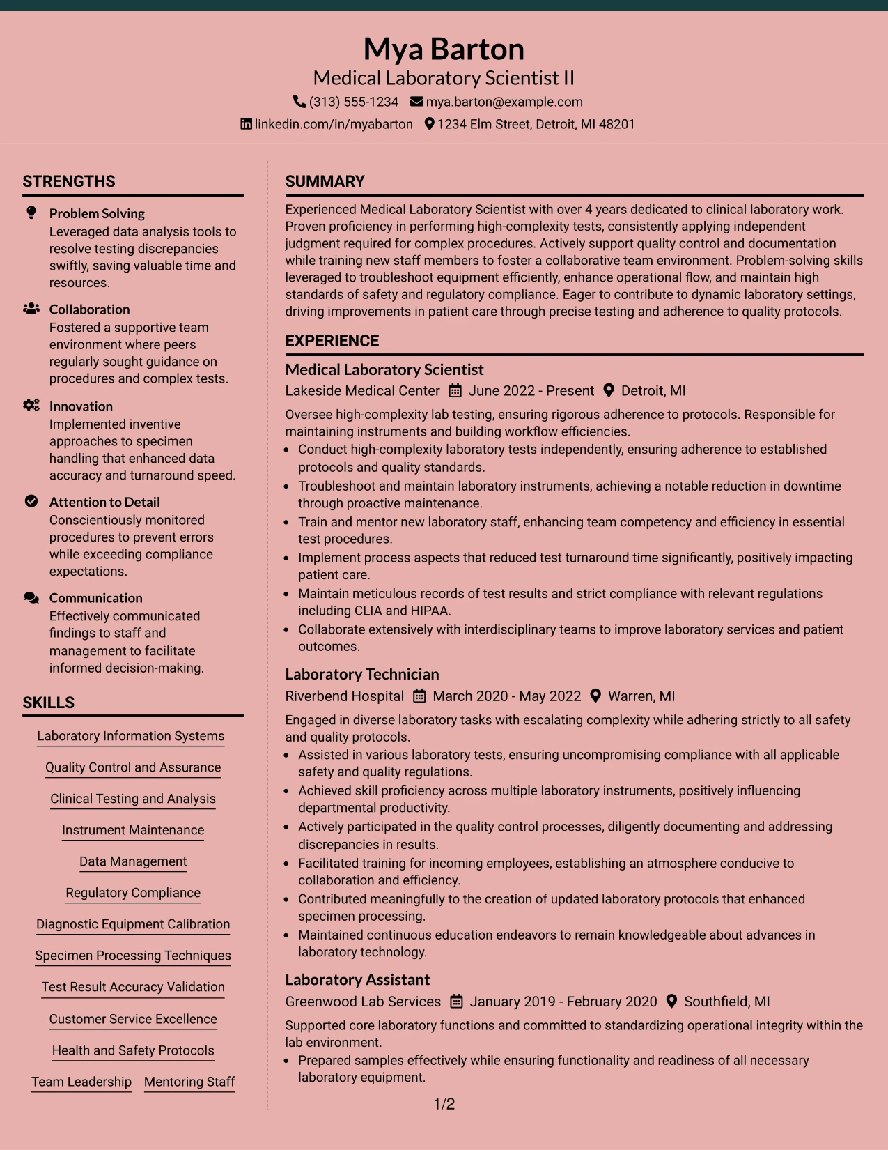 Resume Example Page 1
