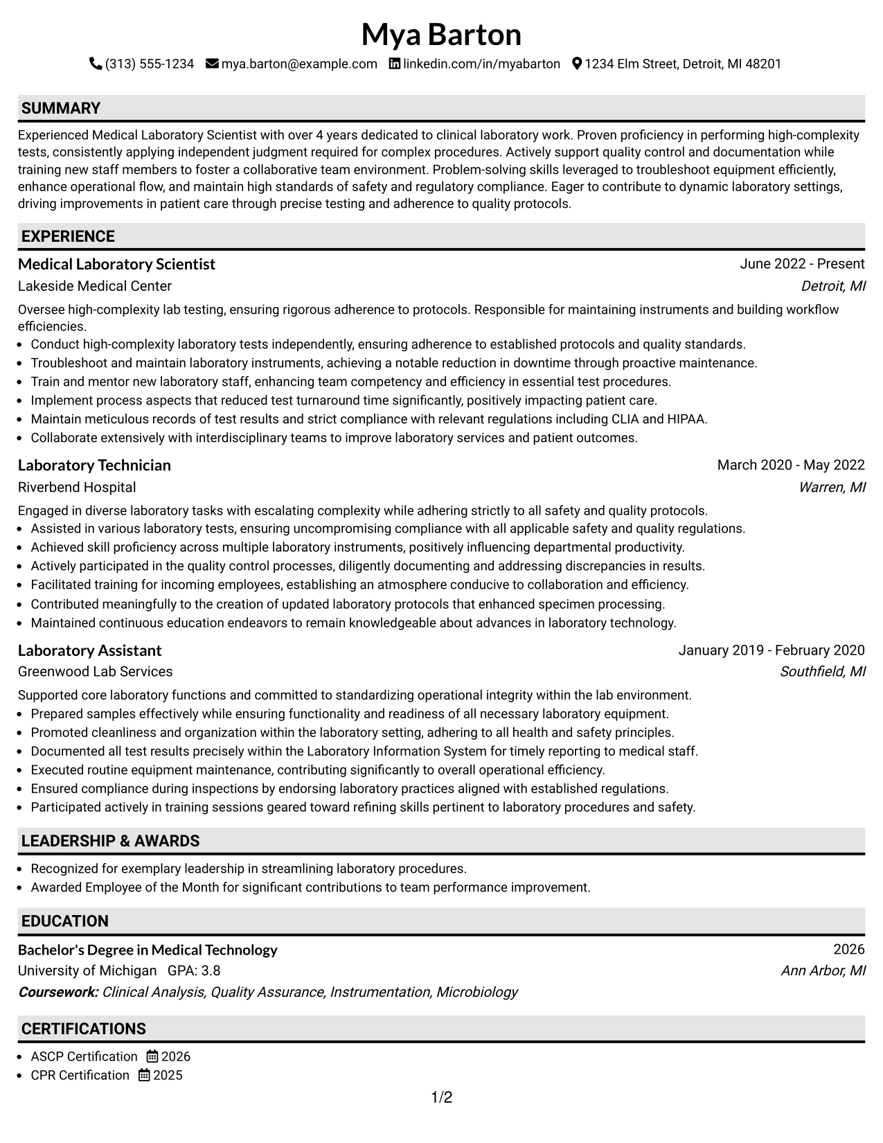 Resume Example Page 1