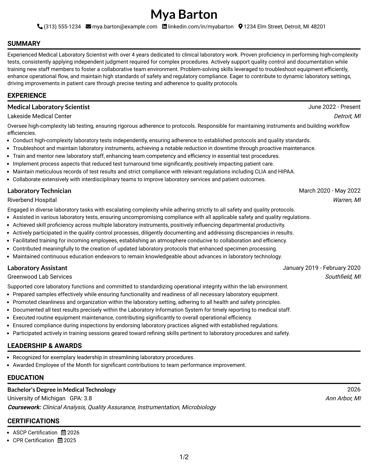 Resume Example Page 1