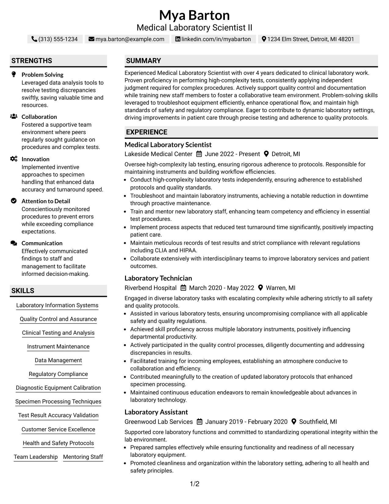 Resume Example Page 1