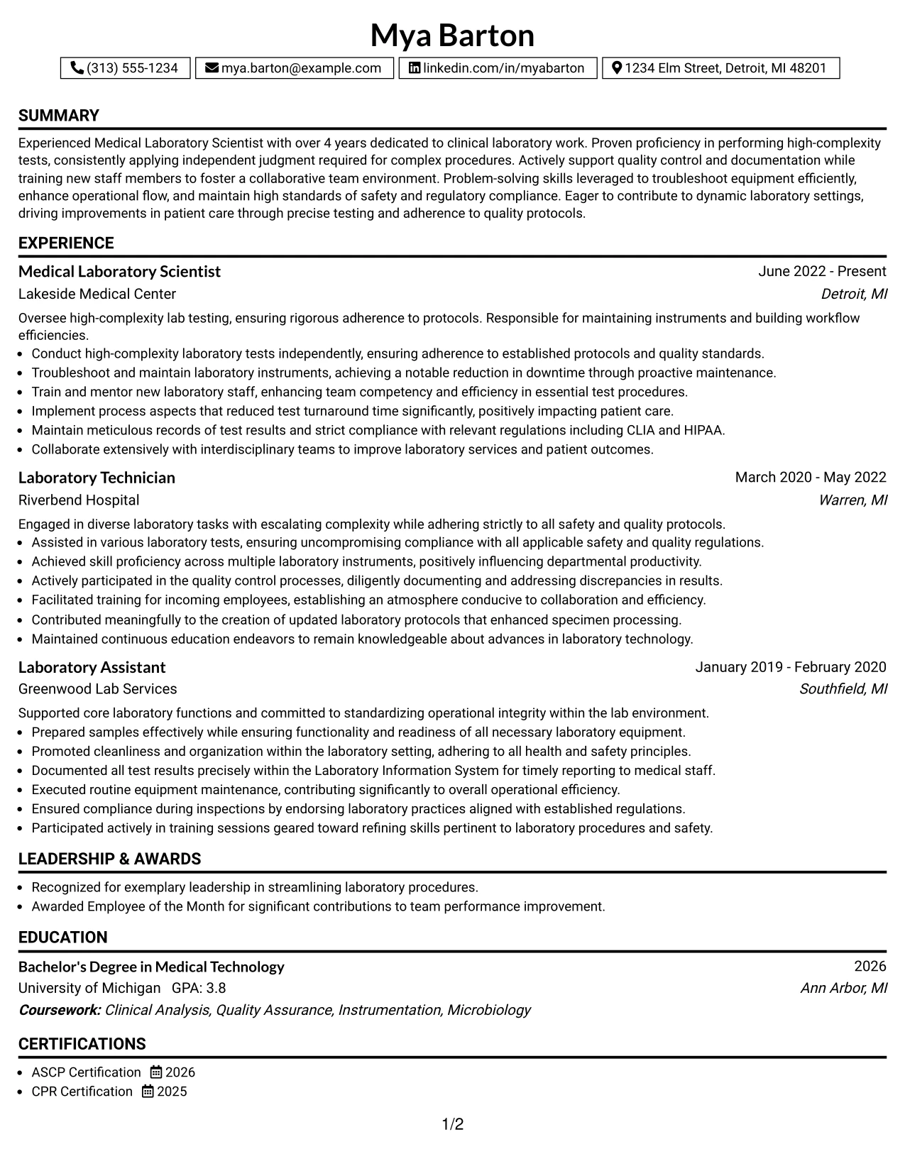 Resume Example Page 1