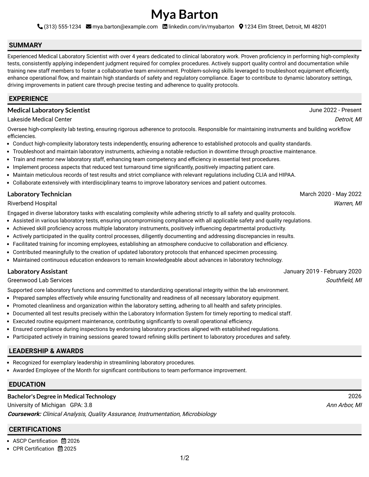Resume Example Page 1