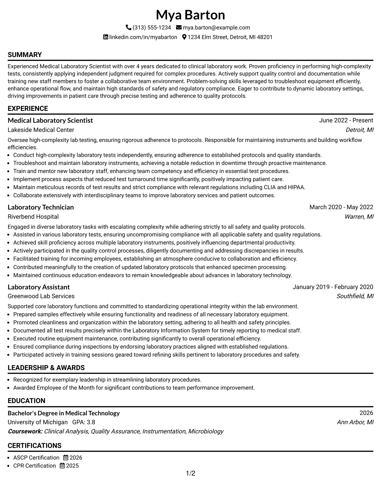 Resume Example Page 1