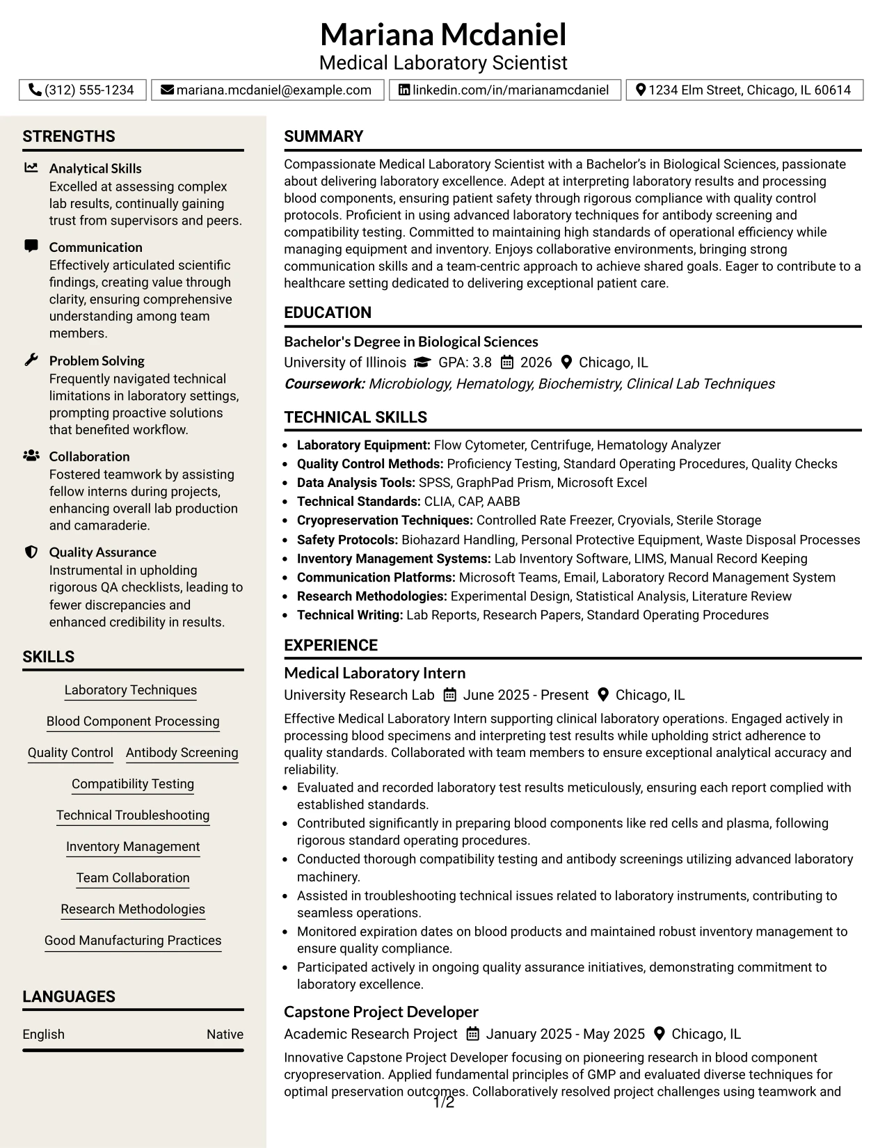 Resume Example Page 1
