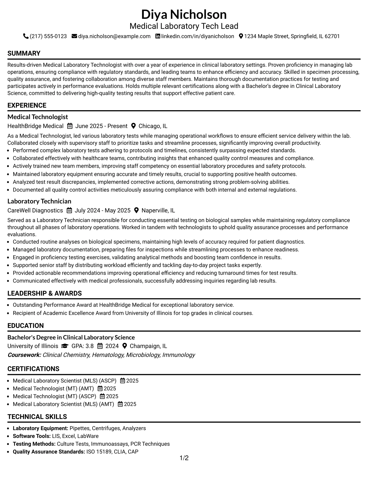 Resume Example Page 1