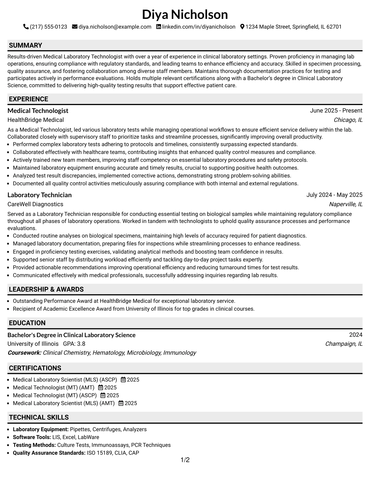 Resume Example Page 1