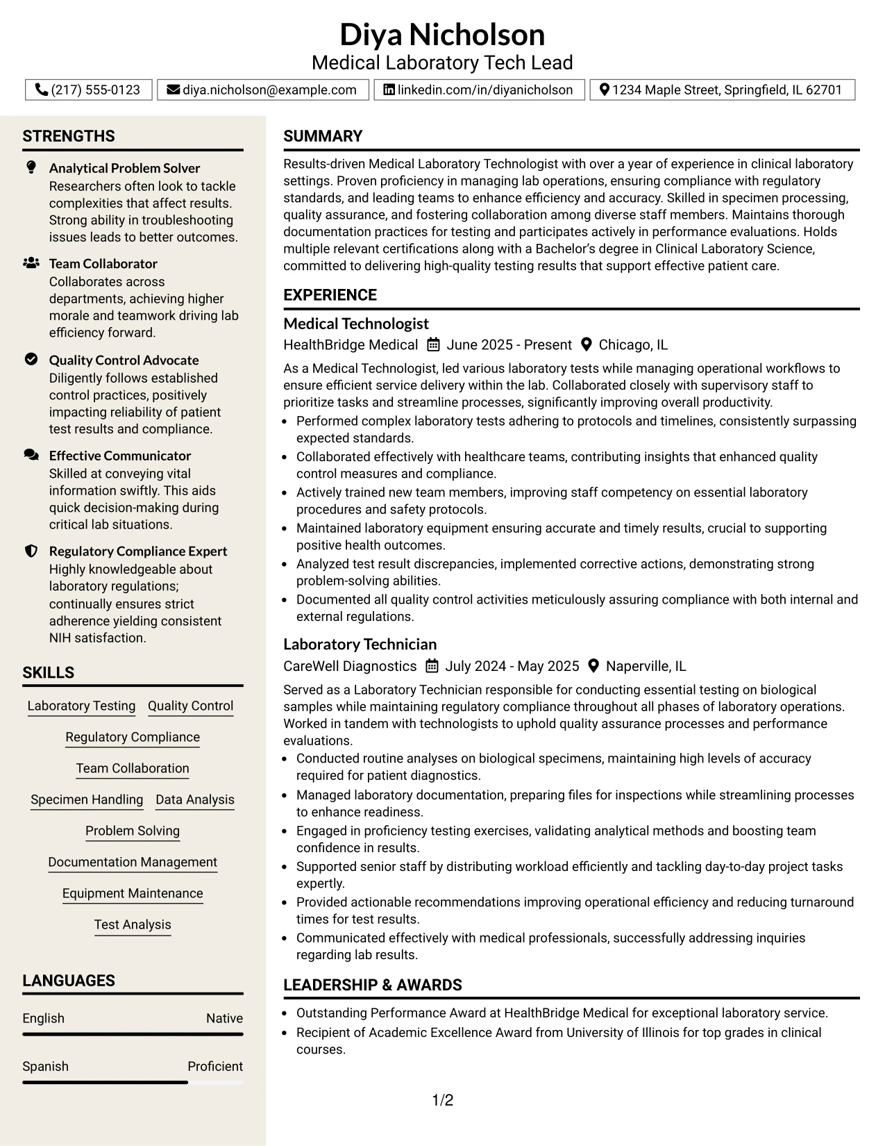 Resume Example Page 1