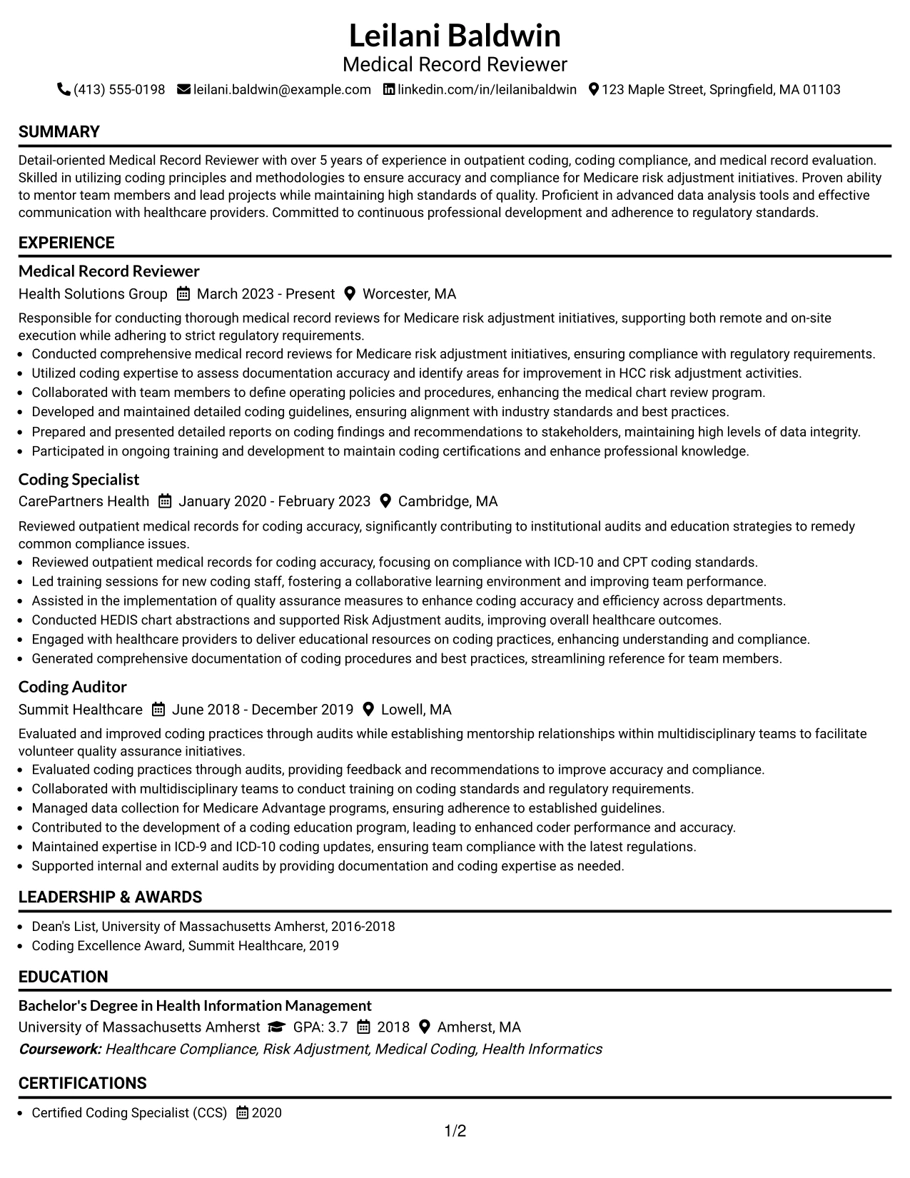 Resume Example Page 1