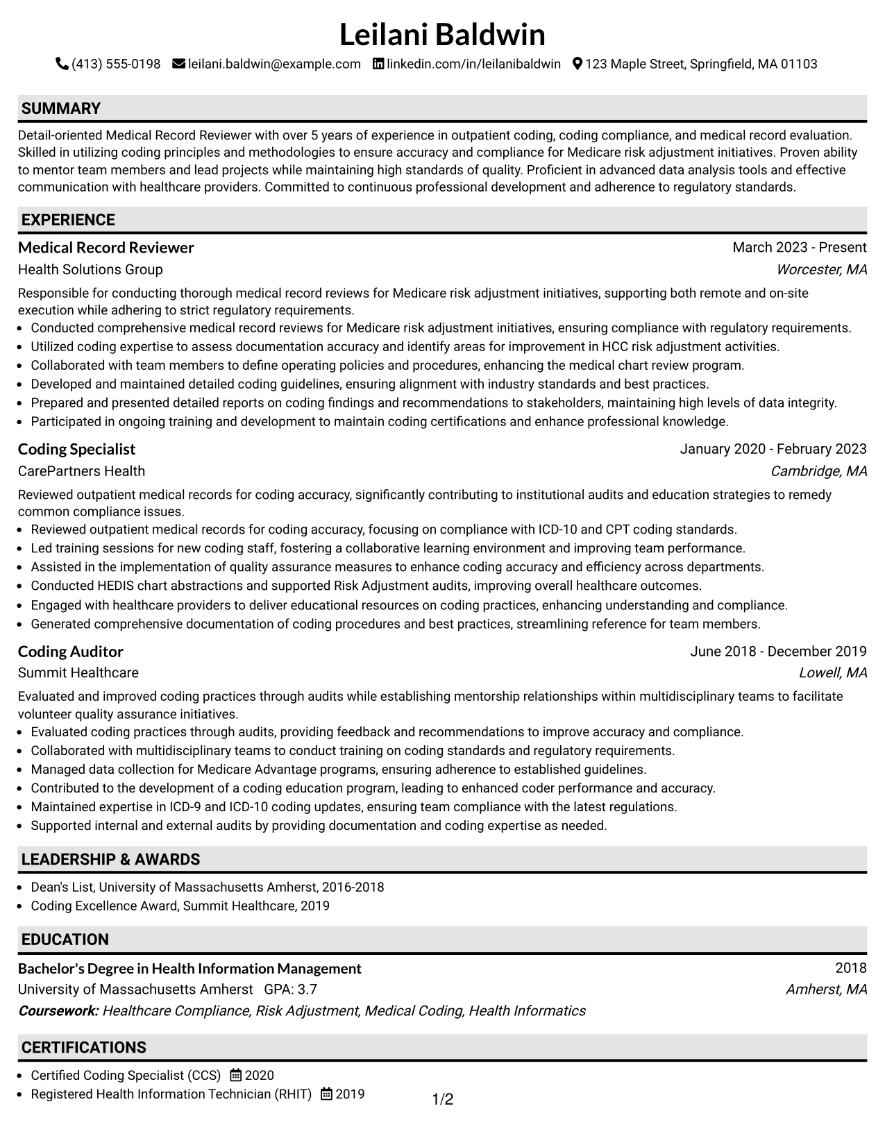 Resume Example Page 1