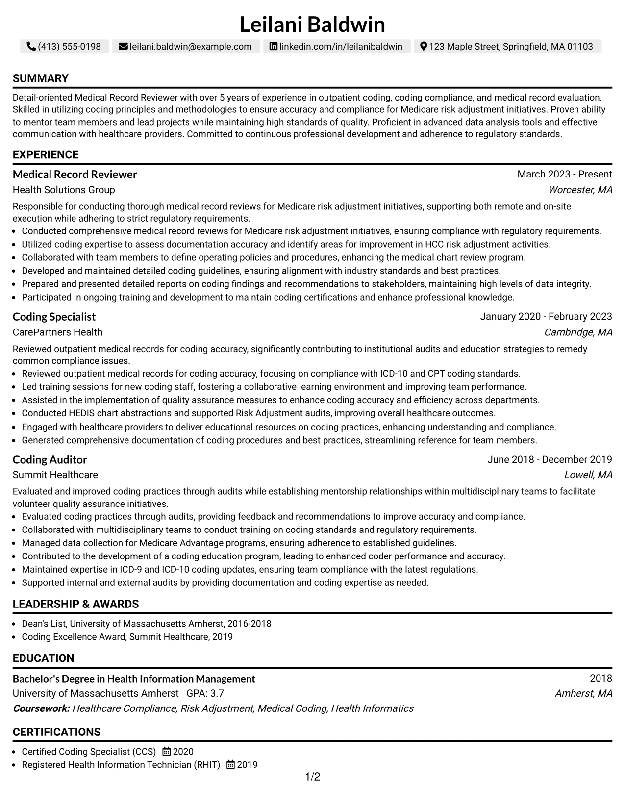Resume Example Page 1