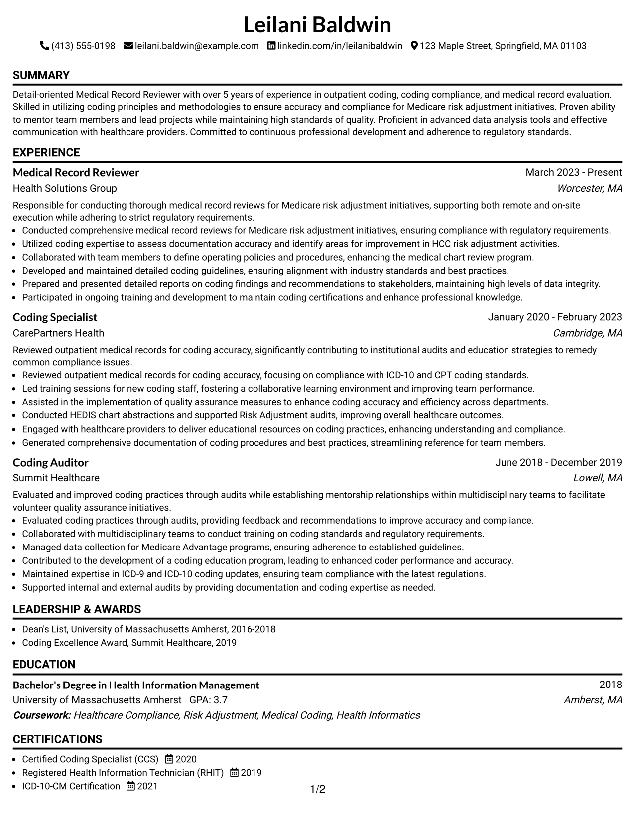 Resume Example Page 1
