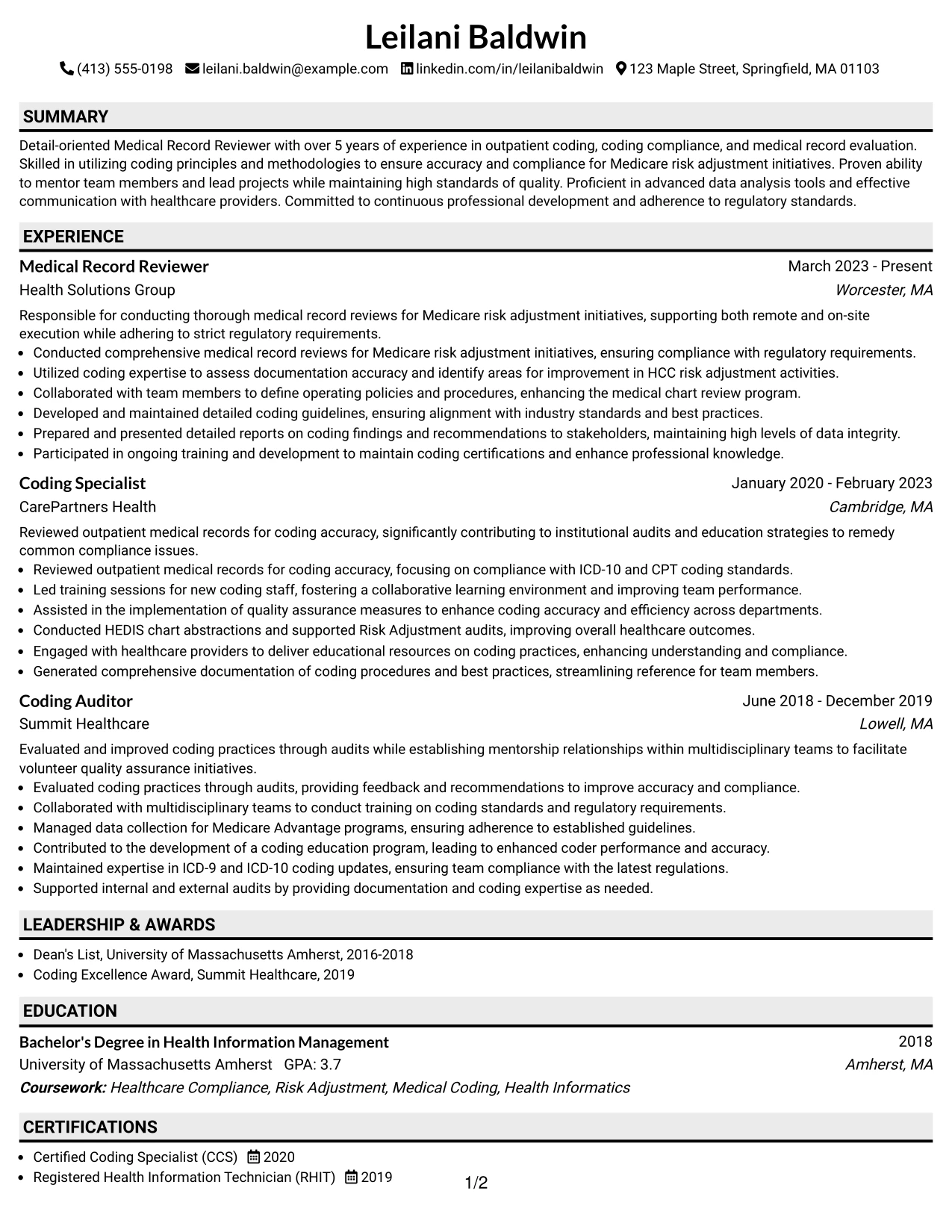 Resume Example Page 1