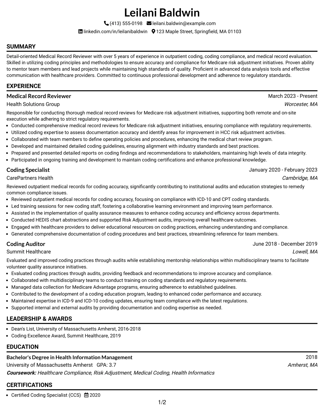 Resume Example Page 1