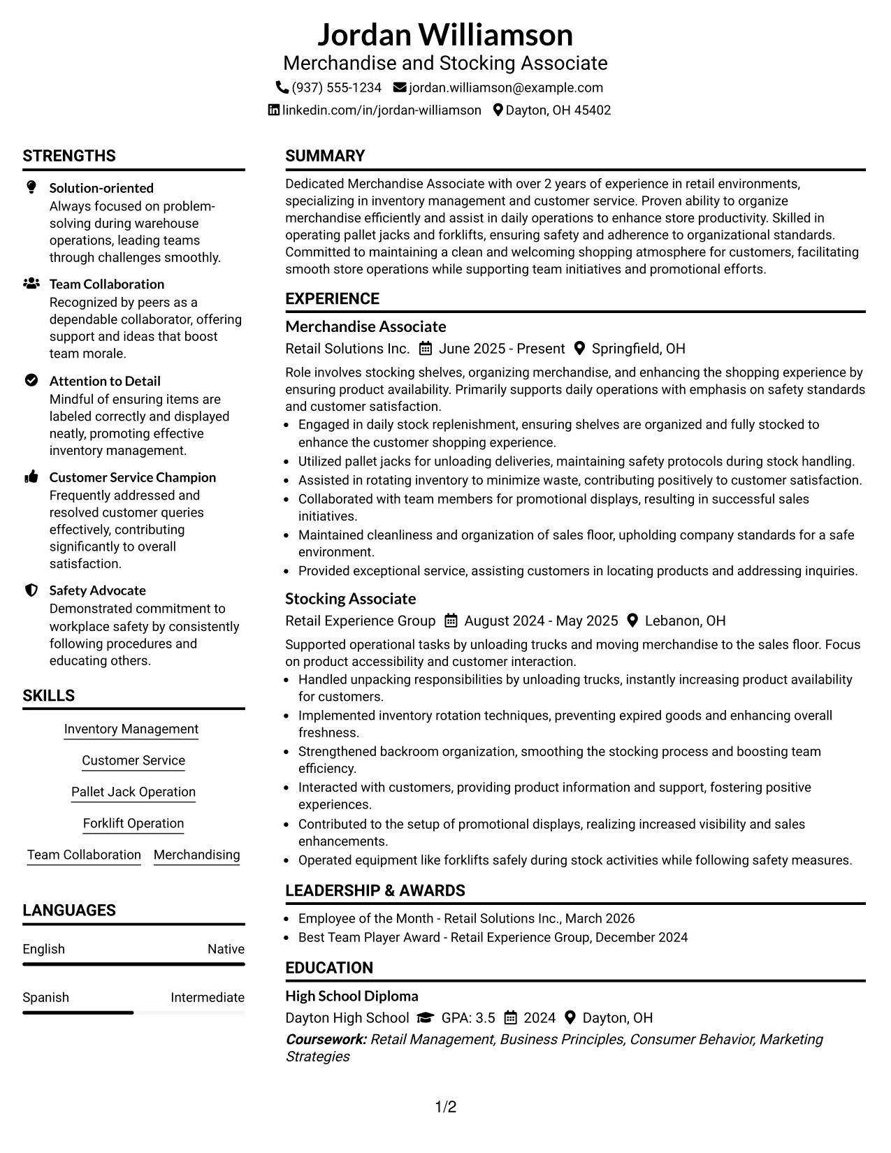 Resume Example Page 1