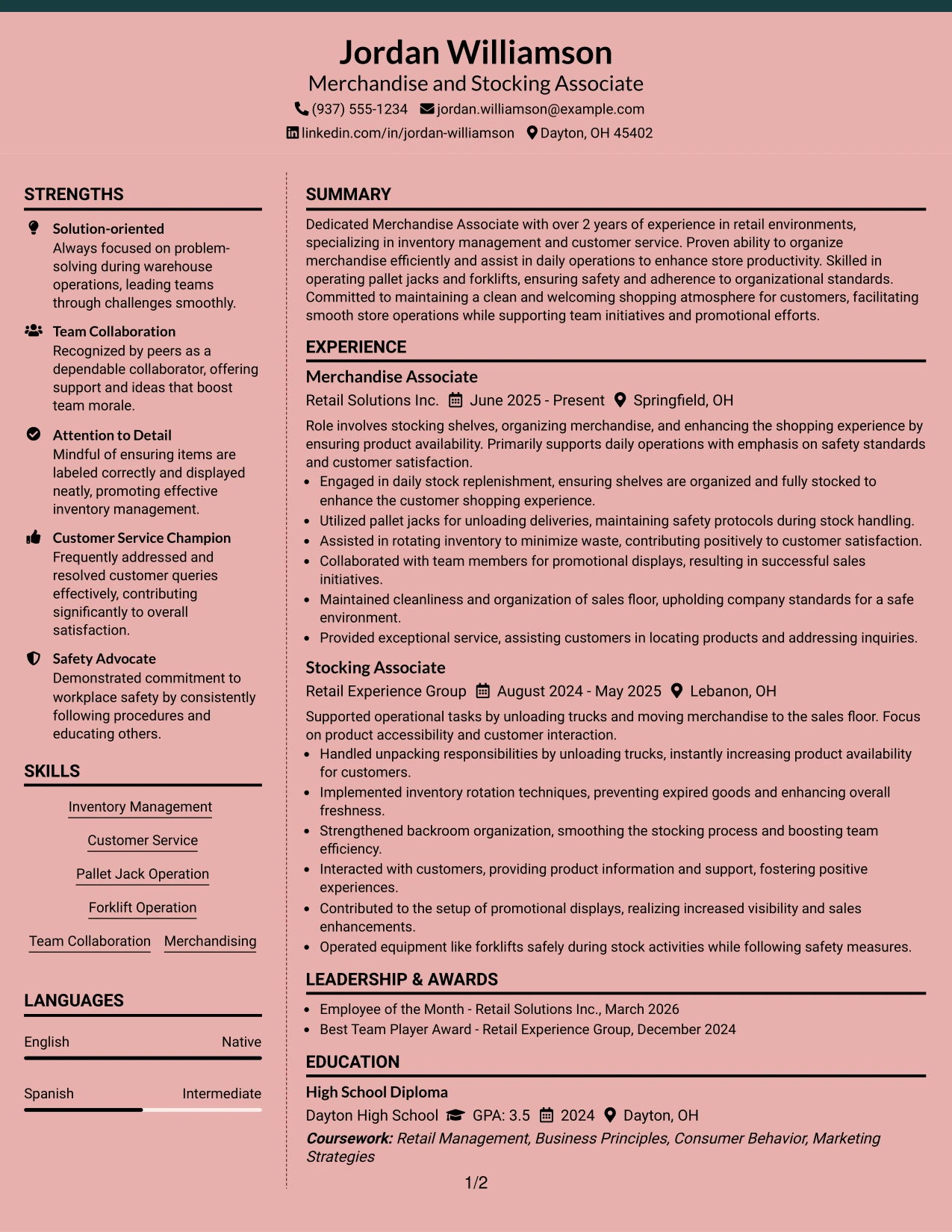 Resume Example Page 1