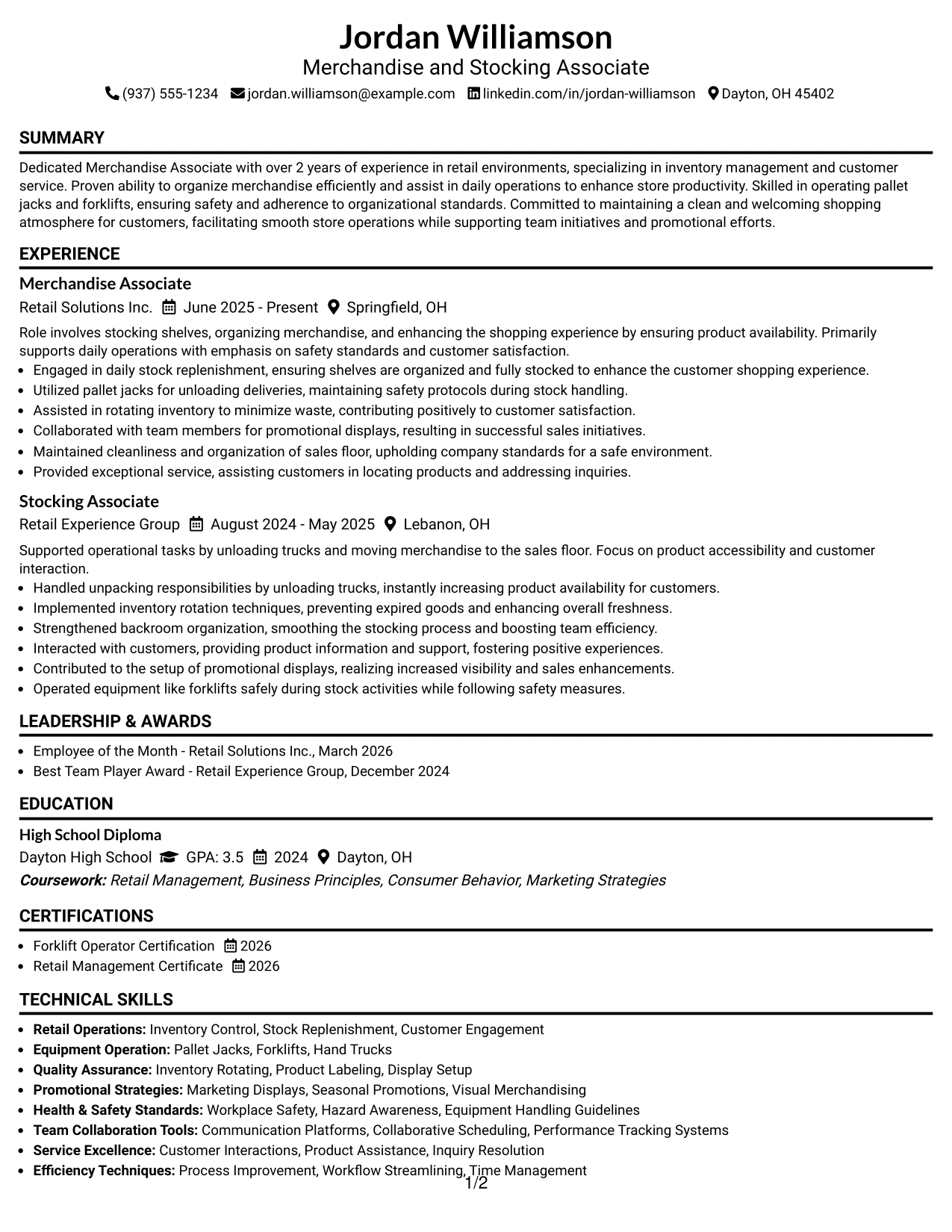 Resume Example Page 1