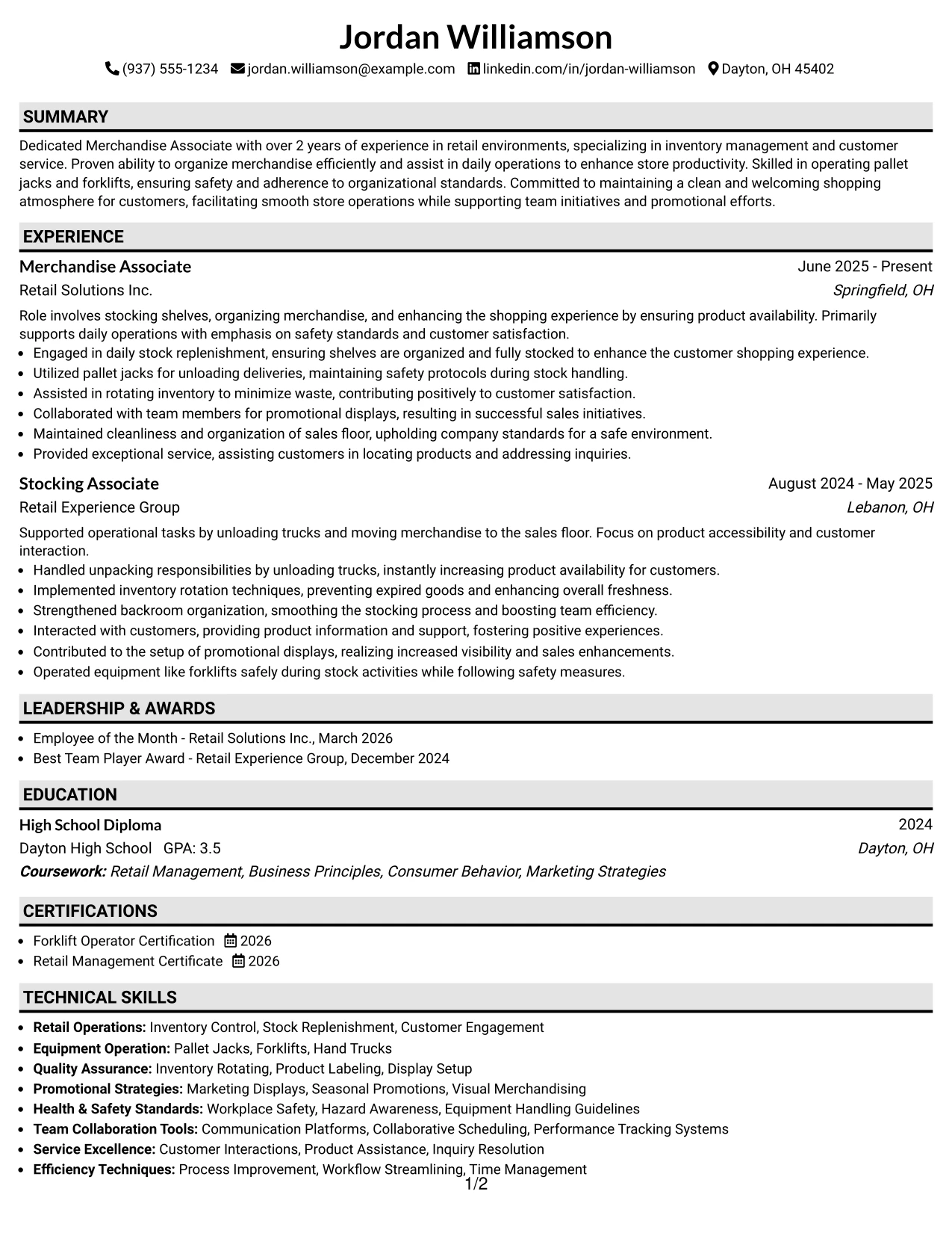 Resume Example Page 1