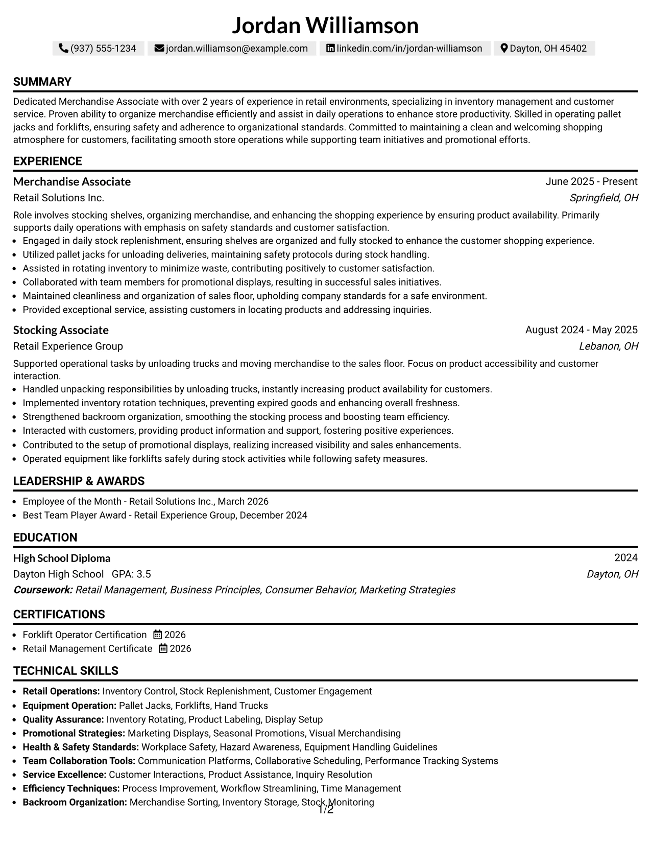 Resume Example Page 1