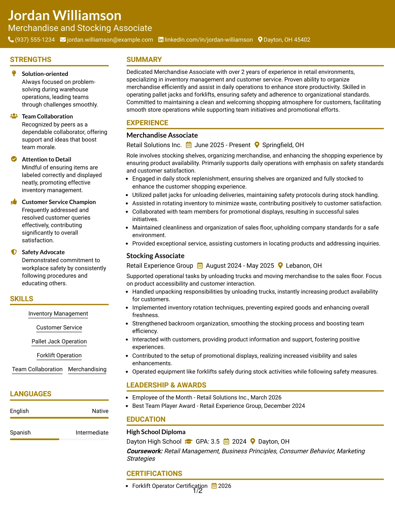 Resume Example Page 1