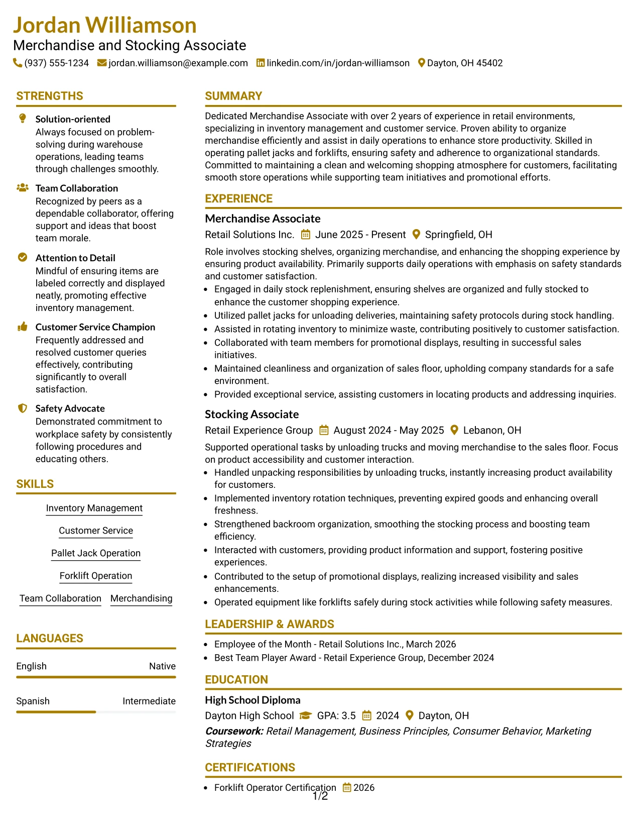 Resume Example Page 1