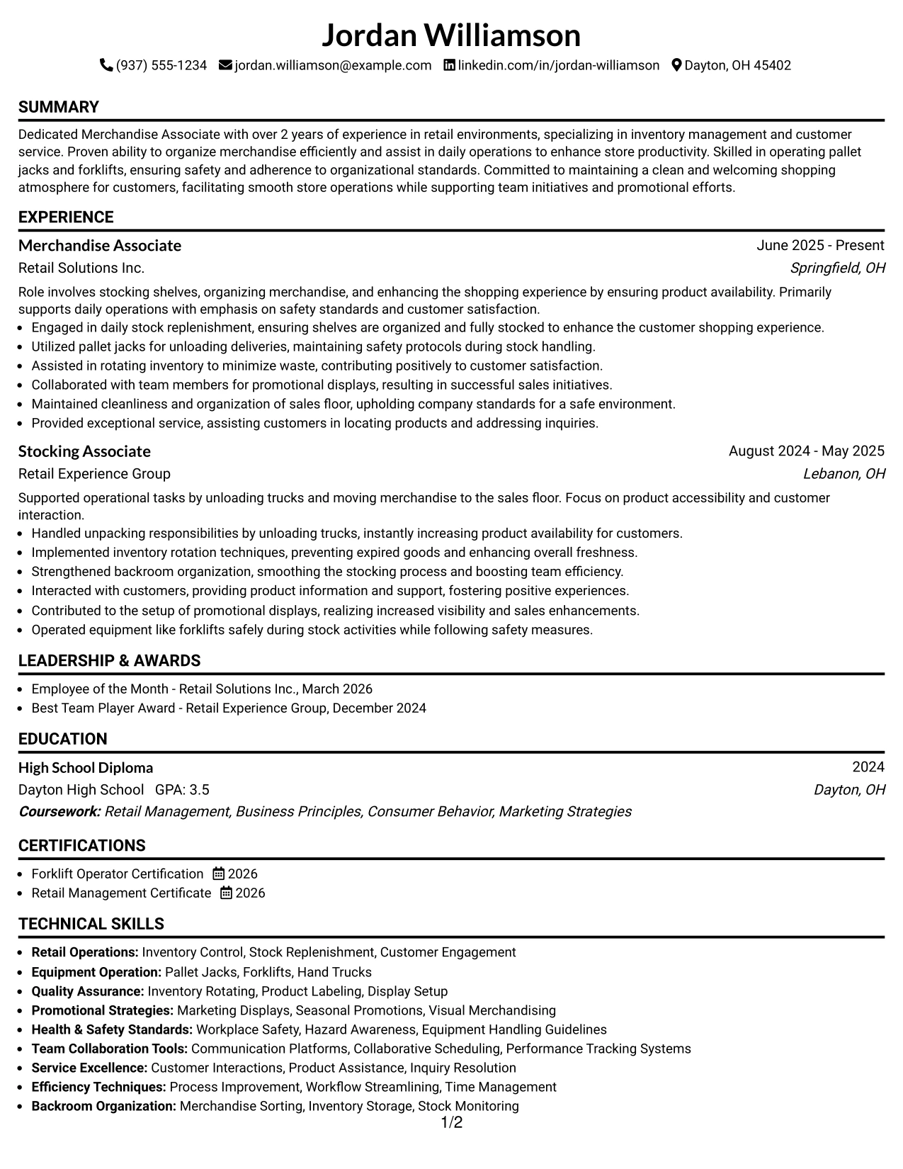 Resume Example Page 1