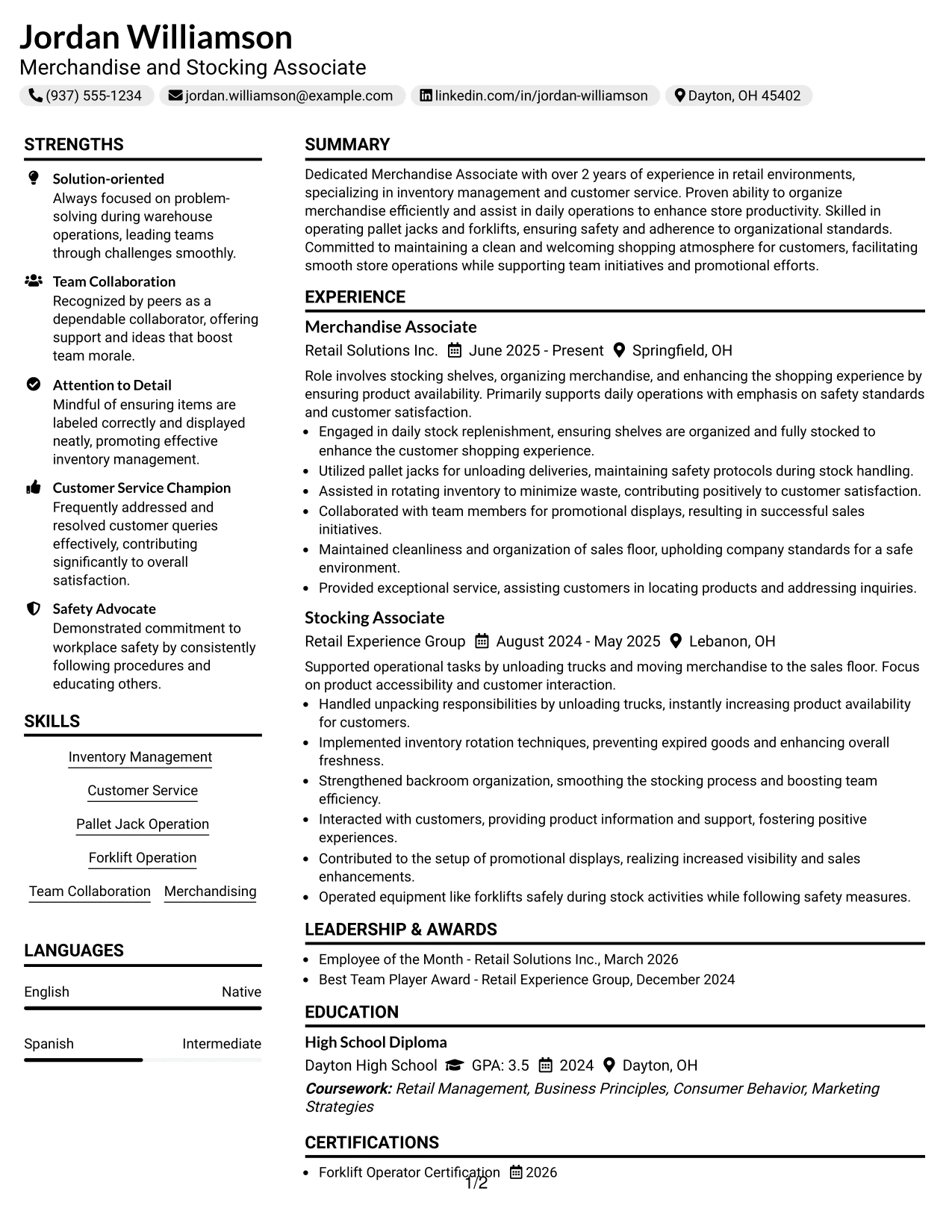 Resume Example Page 1