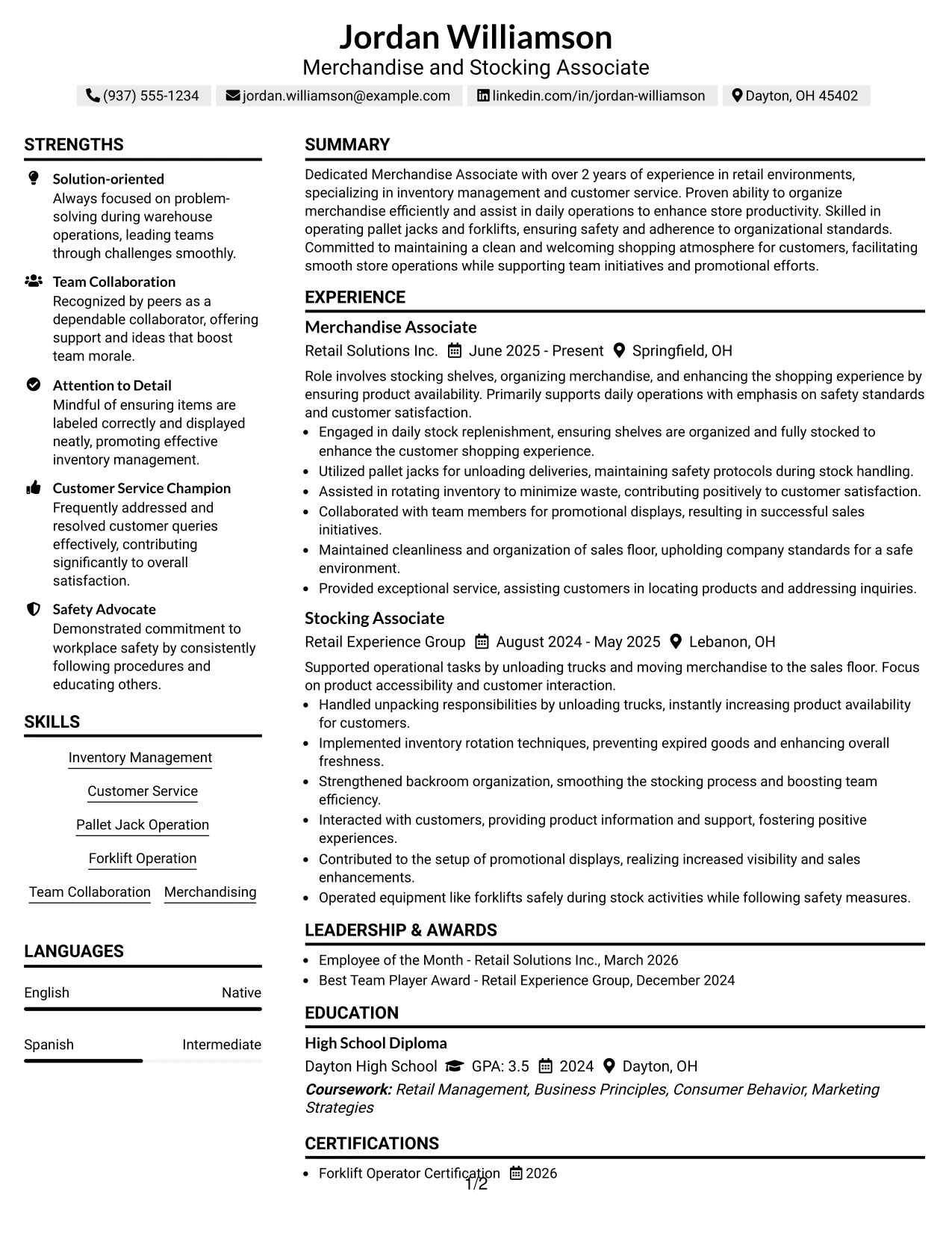 Resume Example Page 1