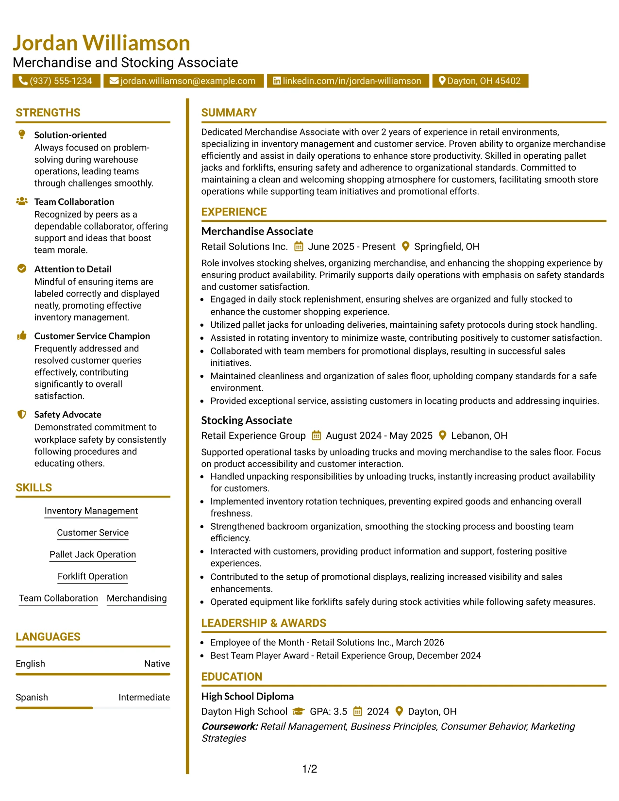 Resume Example Page 1